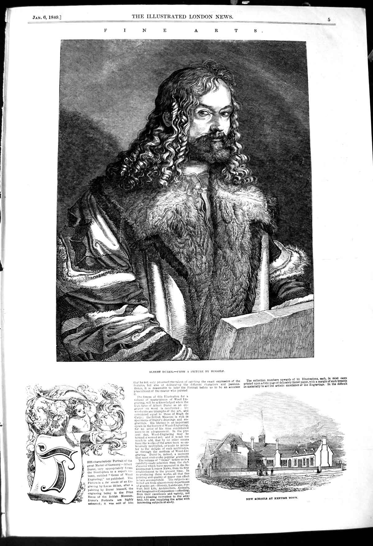 Old Antique Print 1849 Albert Durer Portrait Fine Art School Kentish Town 19th
