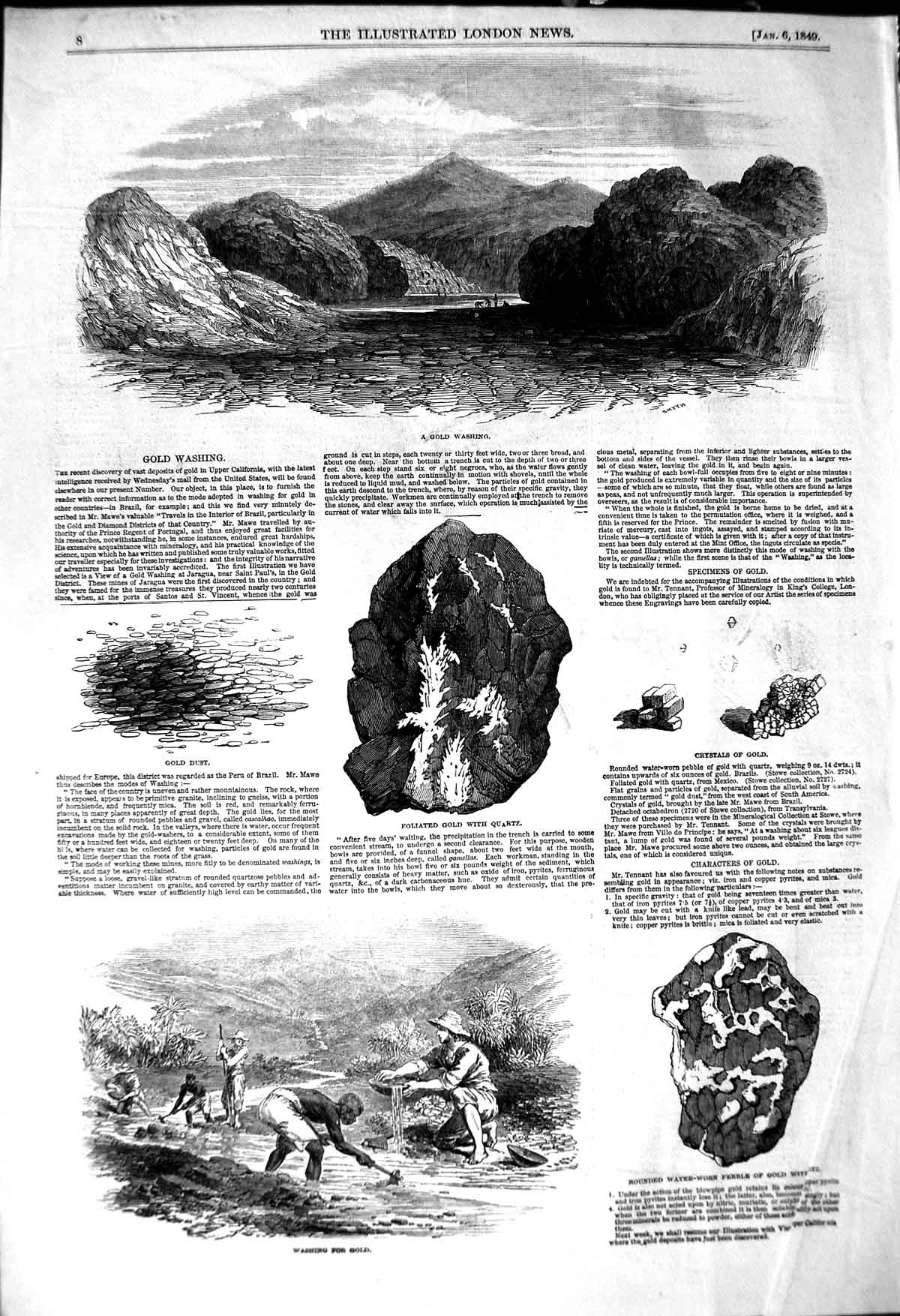 Original Old Antique Print 1849 GWashing River Quartz Dust Mining California