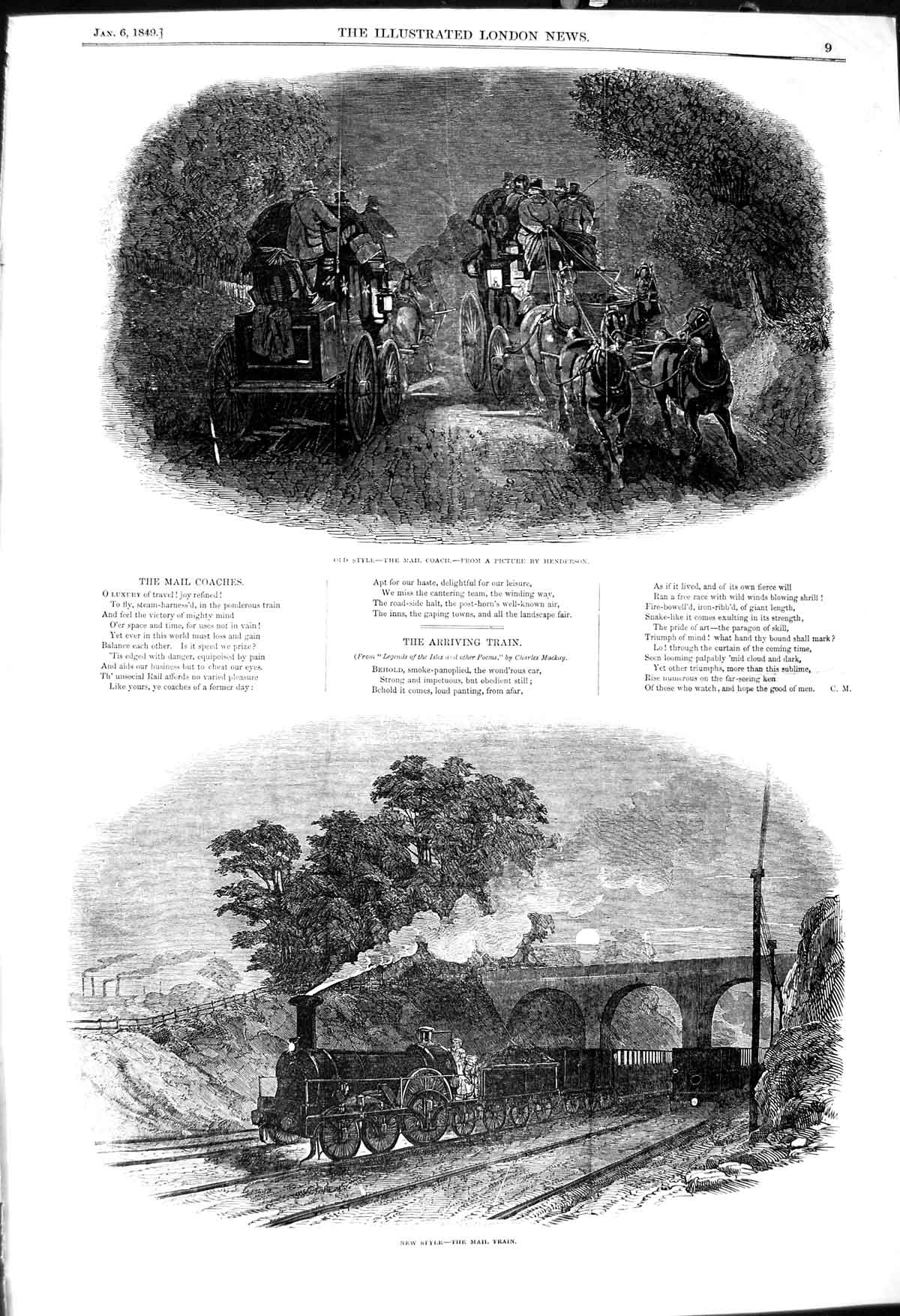 Original Old Antique Print 1849 Mail Coaches Horses Railway Train Lette 19th