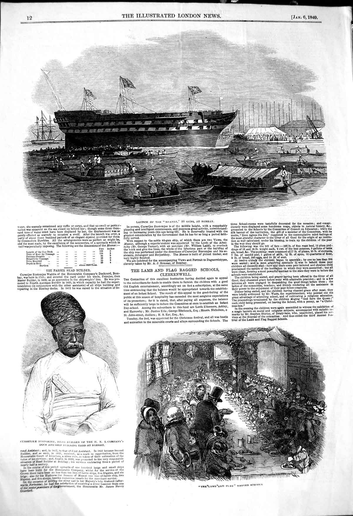 Original Old Antique Print 1849 Ship Meanee Bombay Lamb Ragged School Rustomjee