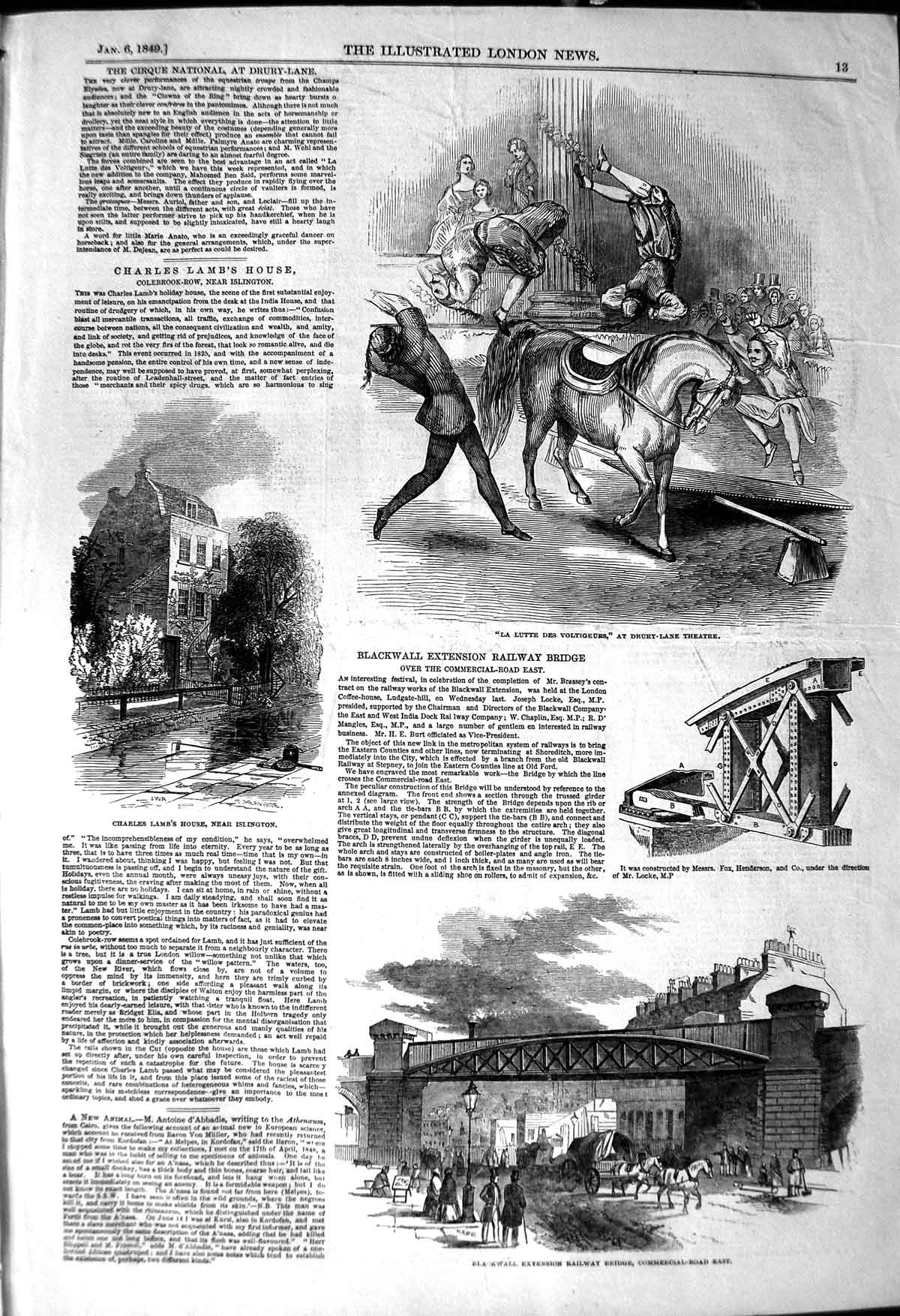 Original Old Antique Print 1849 Charles Lamb Theatre Blackwall Bridge Railway