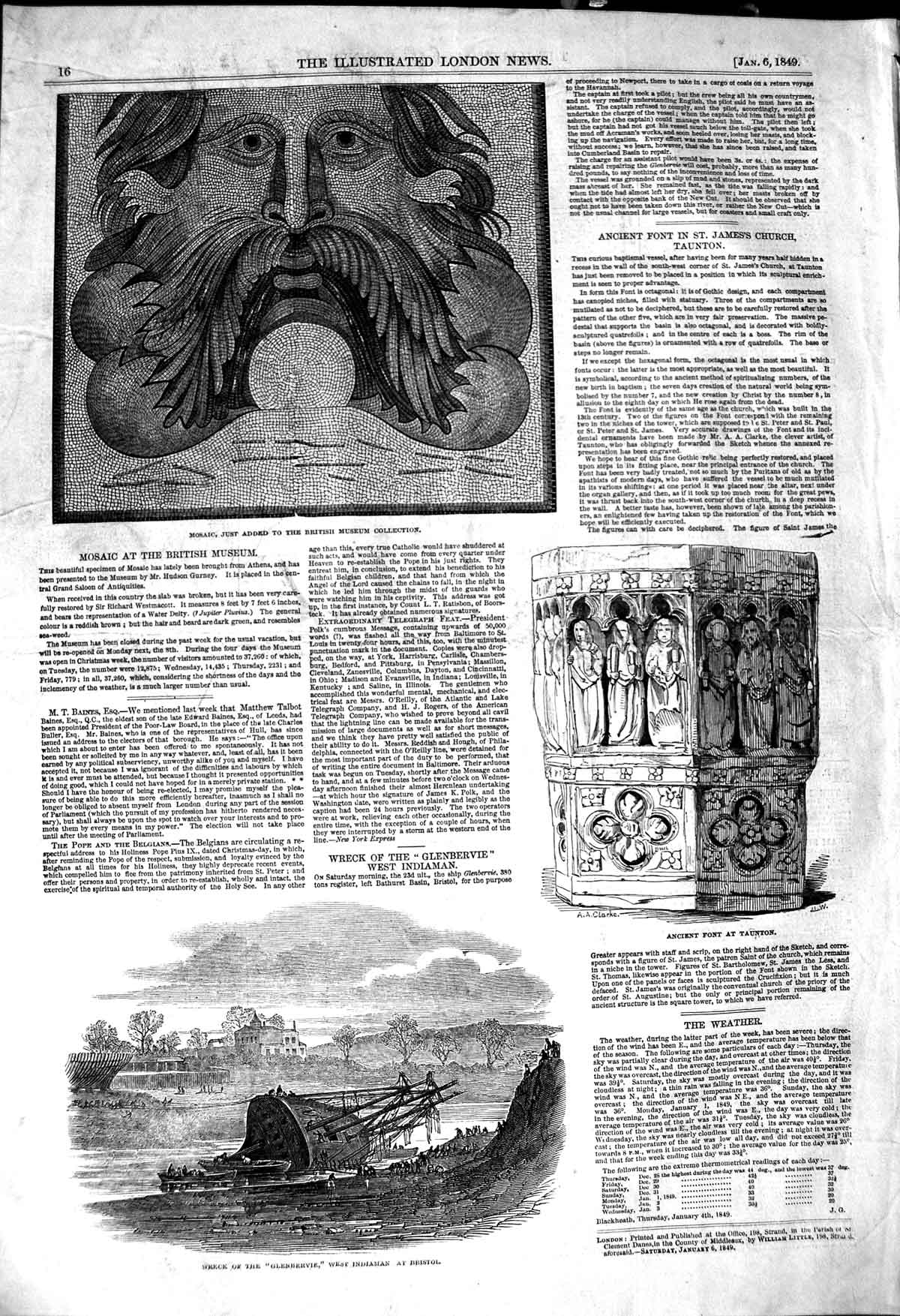 Old Antique Print 1849 Ship Wreck Glenbervie Bristol Mosaic Font Taunton 19th