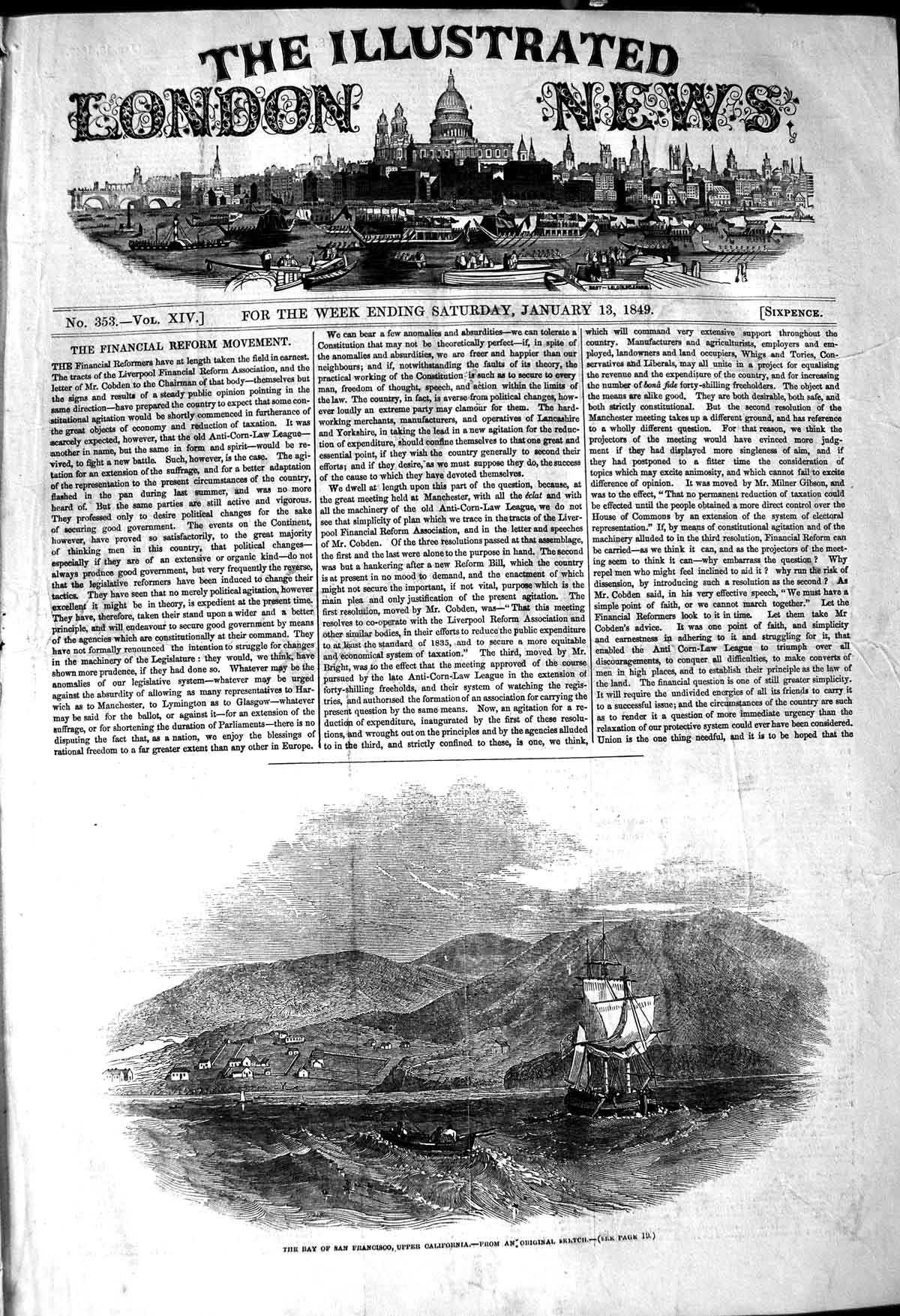 Original Old Antique Print 1849 Bay San Francisco California America Ships Boat