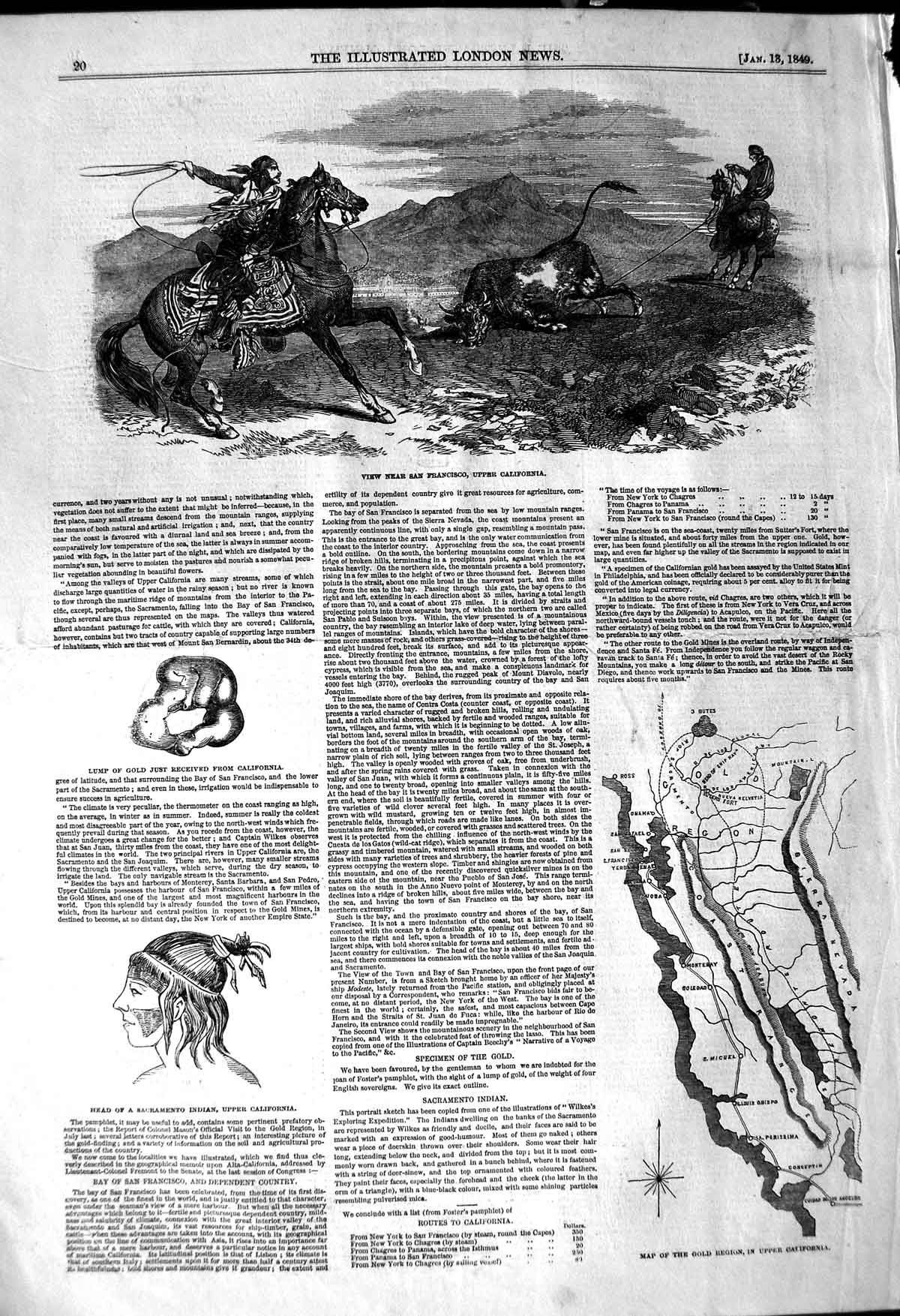 Original Old Antique Print 1849 Horse Cow California Map GMining 19th