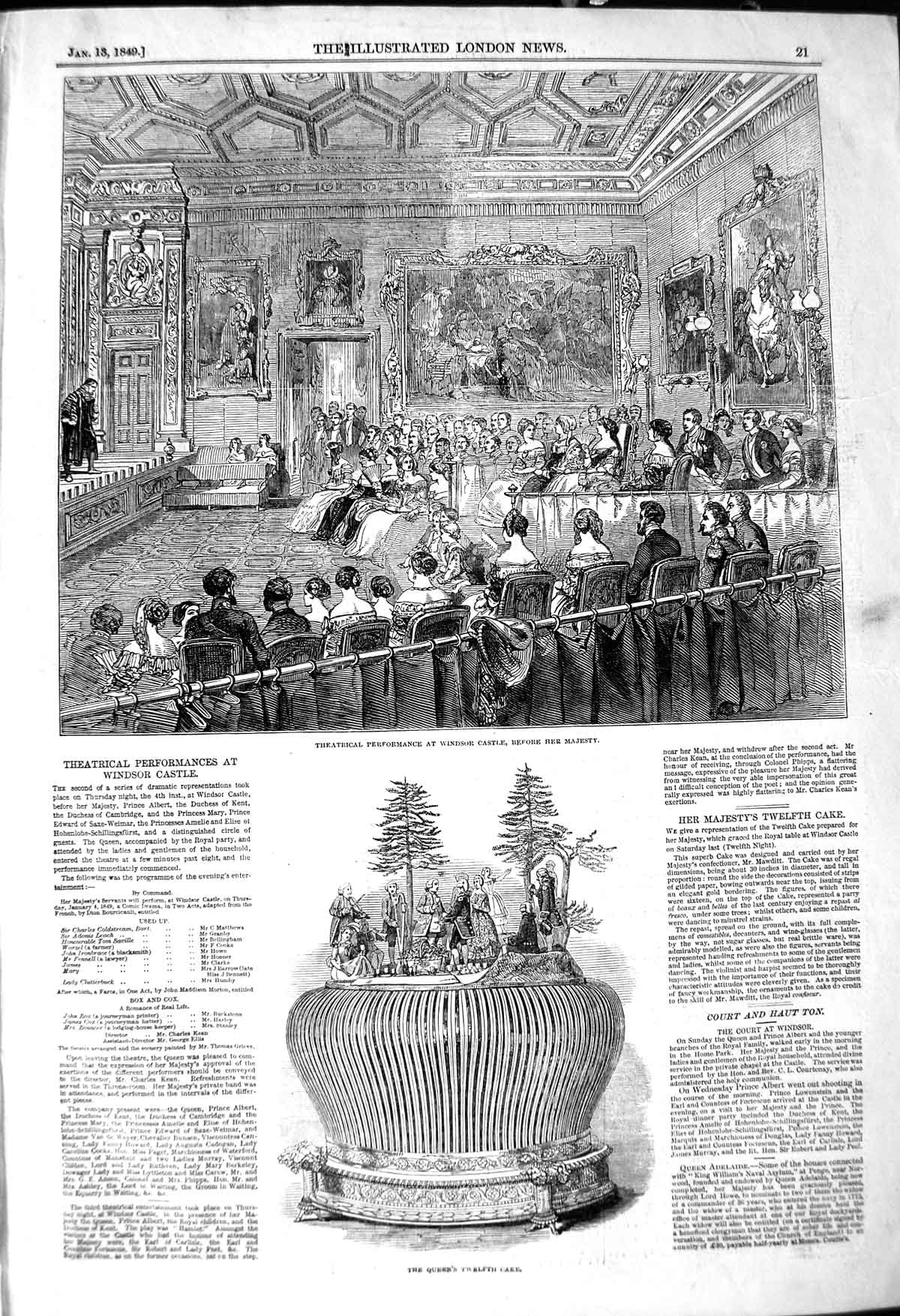 Original Old Antique Print 1849 Theatrical Windsor Castle Queen Twelf Victorian