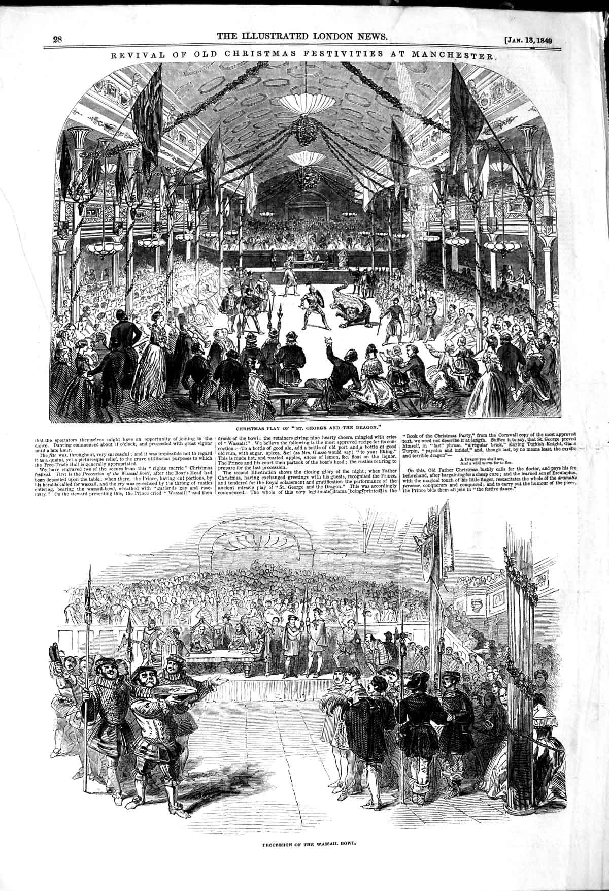 Original Old Antique Print 1849 Christmas Festivities Manchester Wassail Bowl