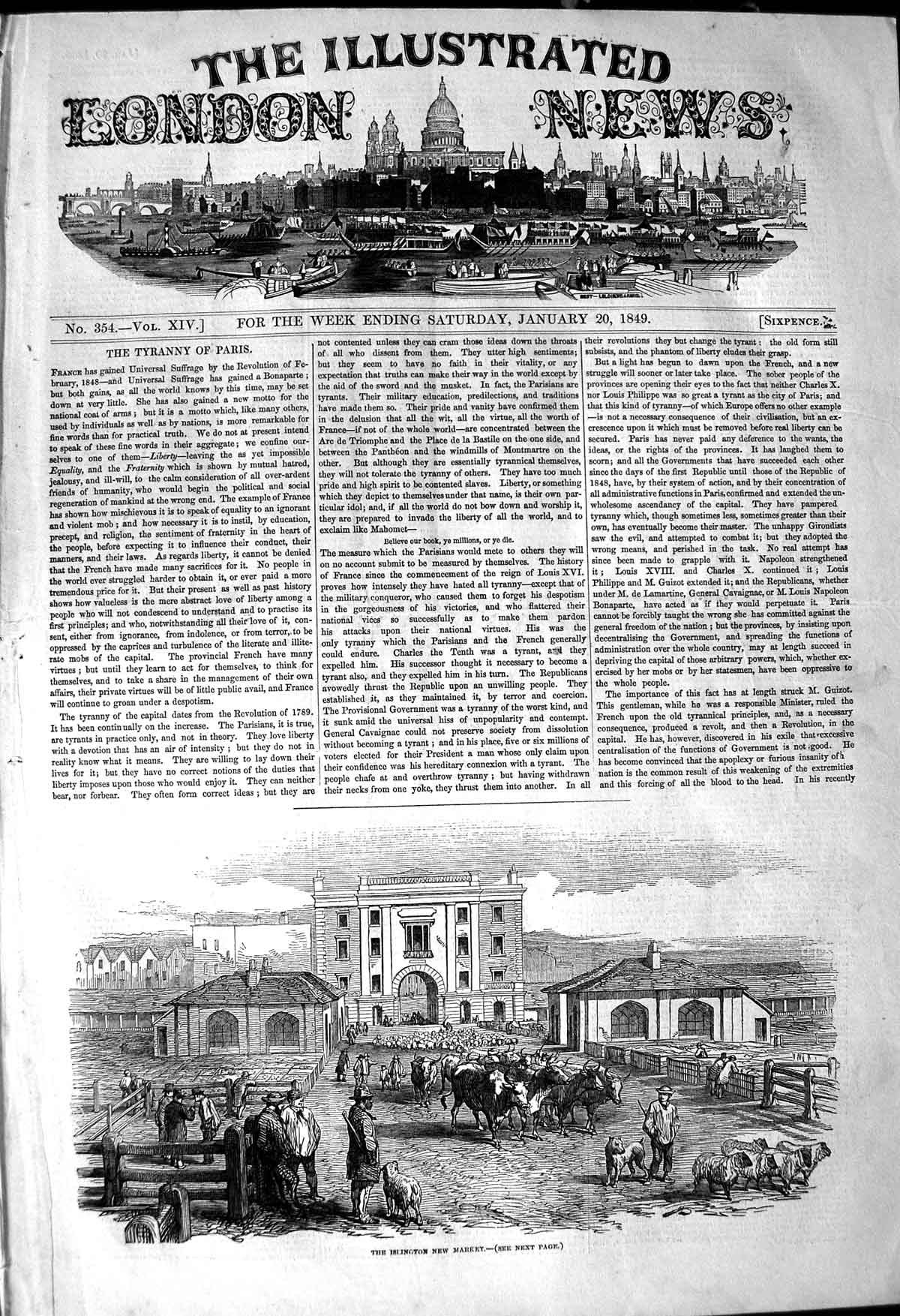 Original Old Antique Print 1849 Islington New Market Cows Animals Sheep Pigs