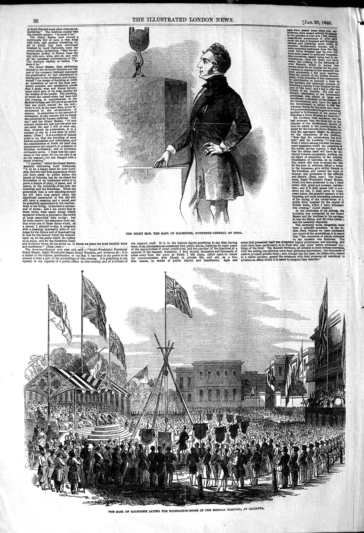 Original Old Antique Print 1849 Earl Dalhousie India Medical Hospital C 19th