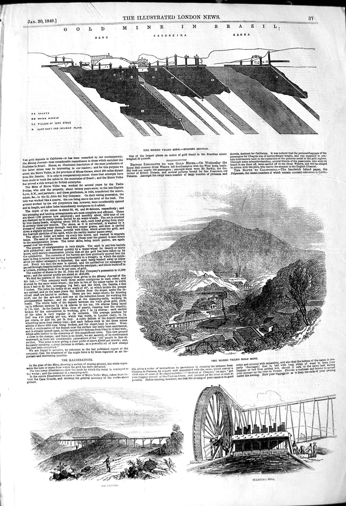 Original Old Antique Print 1849 GMine Brazil Morro Velho Cachoeira Gamba 19th