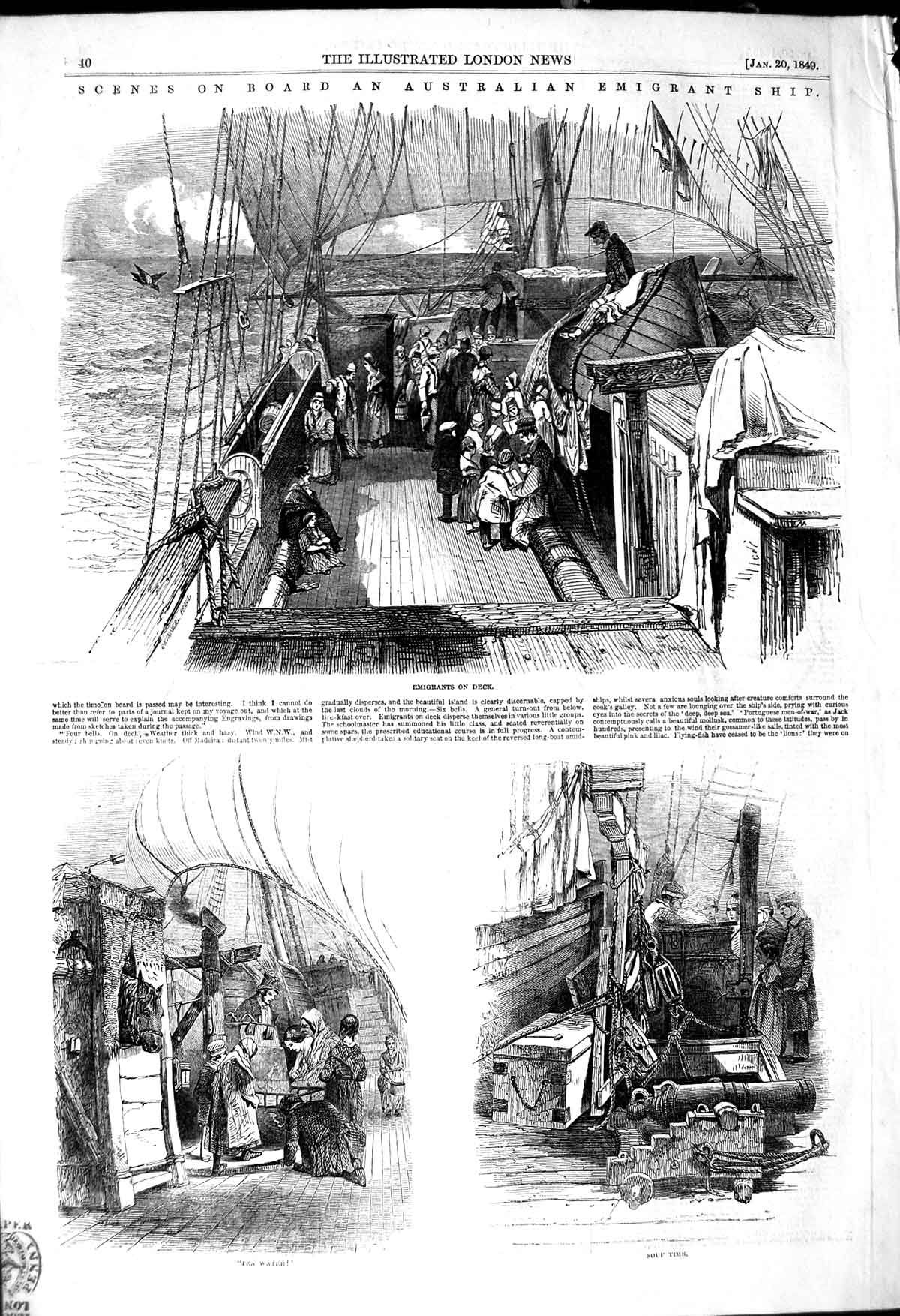 Original Old Antique Print 1849 Deck Australian Emigrant Ship Dinner For 19th
