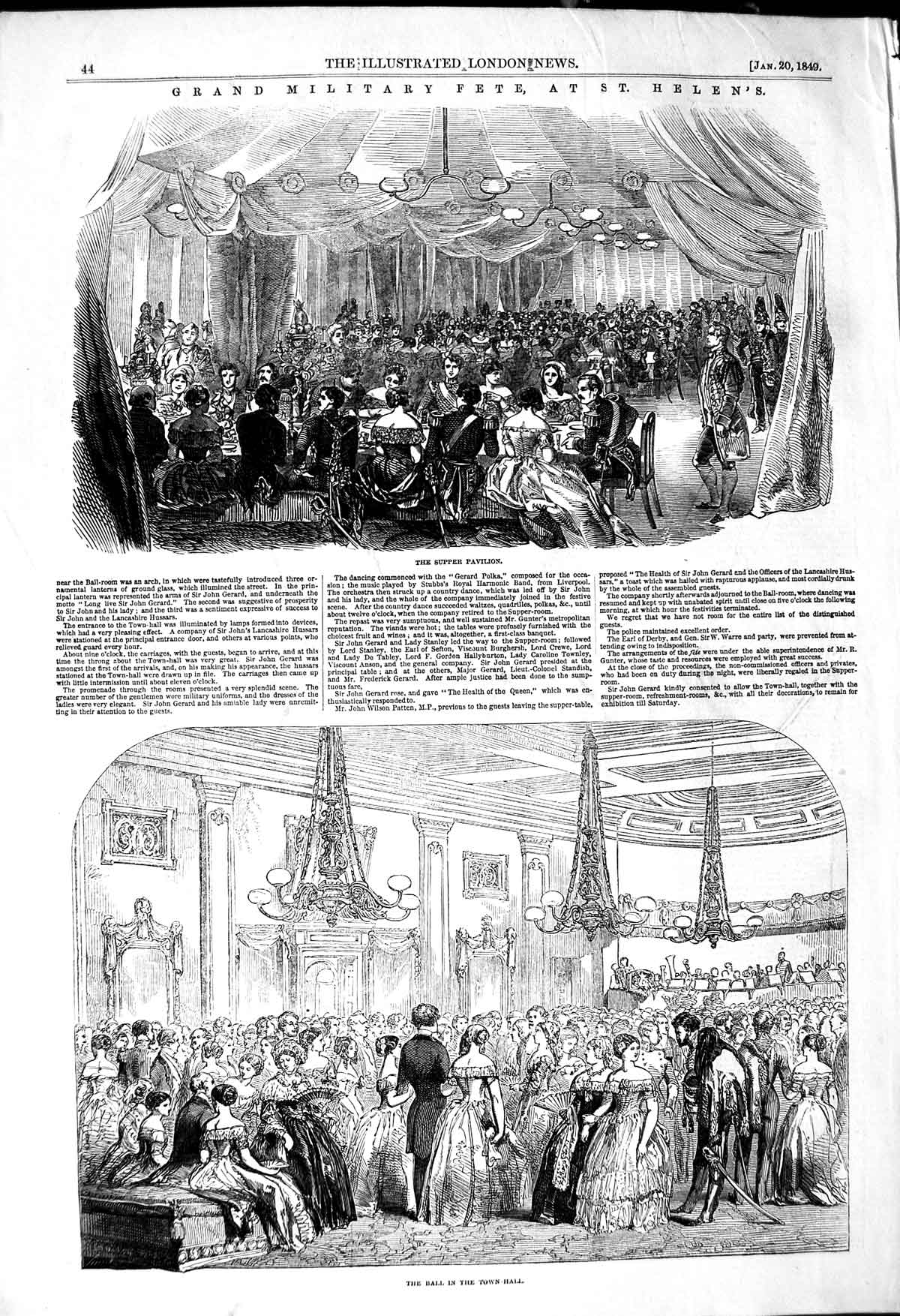 Original Old Antique Print 1849 Grand Military Fete St. Helen'S Supper Pavilion