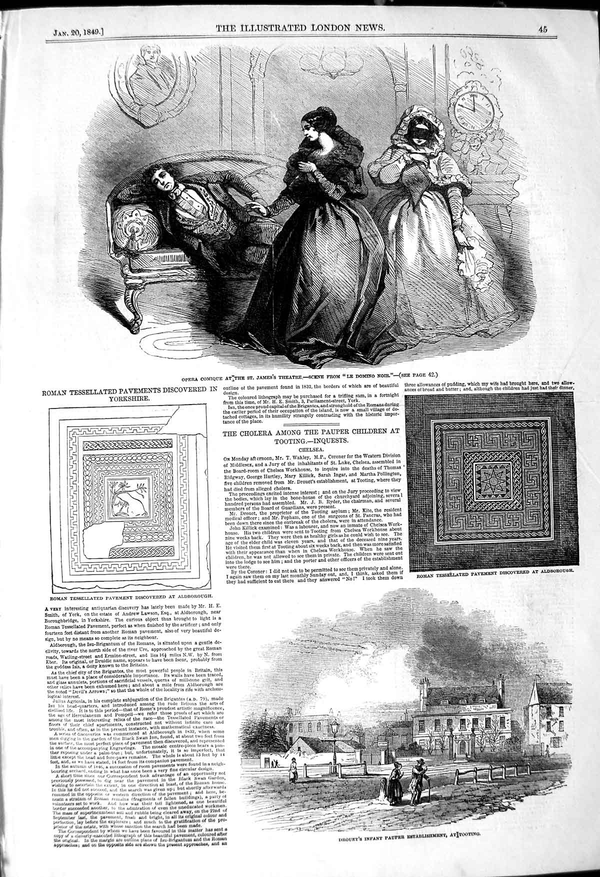 Original Old Antique Print 1849 Opera Theatre Drouet Pauper Tooting Tessellated