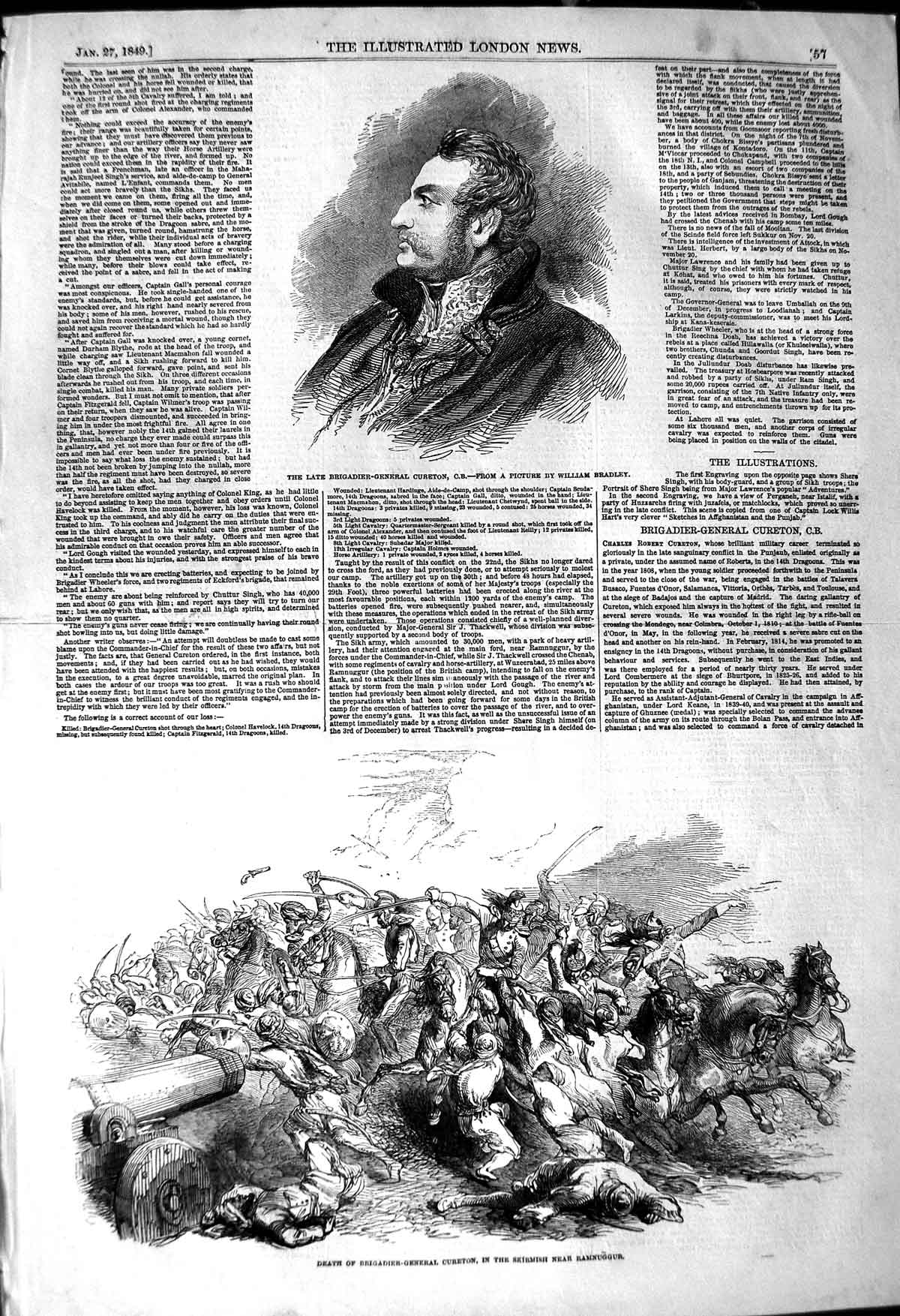 Original Old Antique Print 1849 Brigadier-General Cureton Death Ramnug Victorian