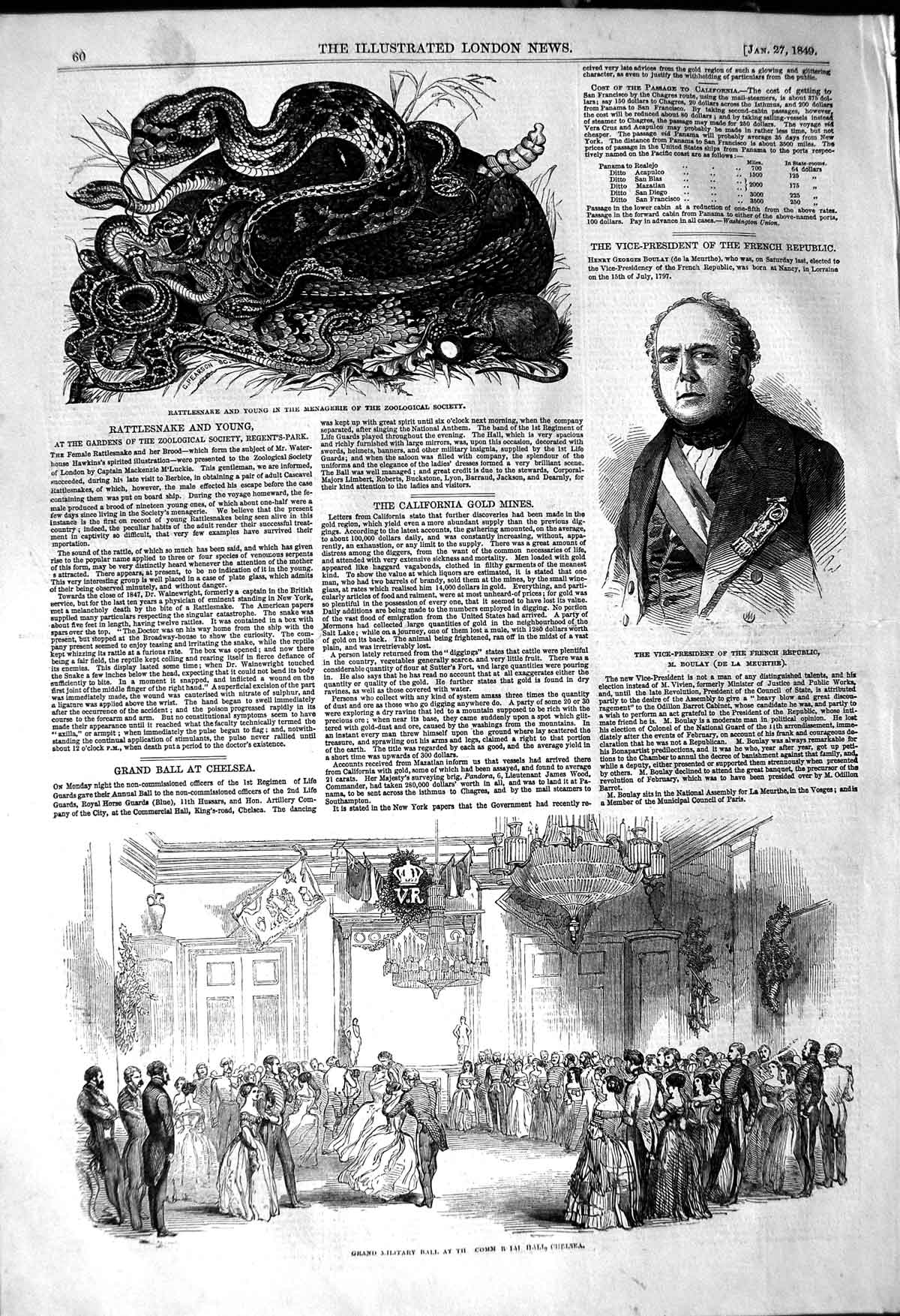 Original Old Antique Print 1849 Military Ball Chelsea Boulay Rattlesnake Zoo