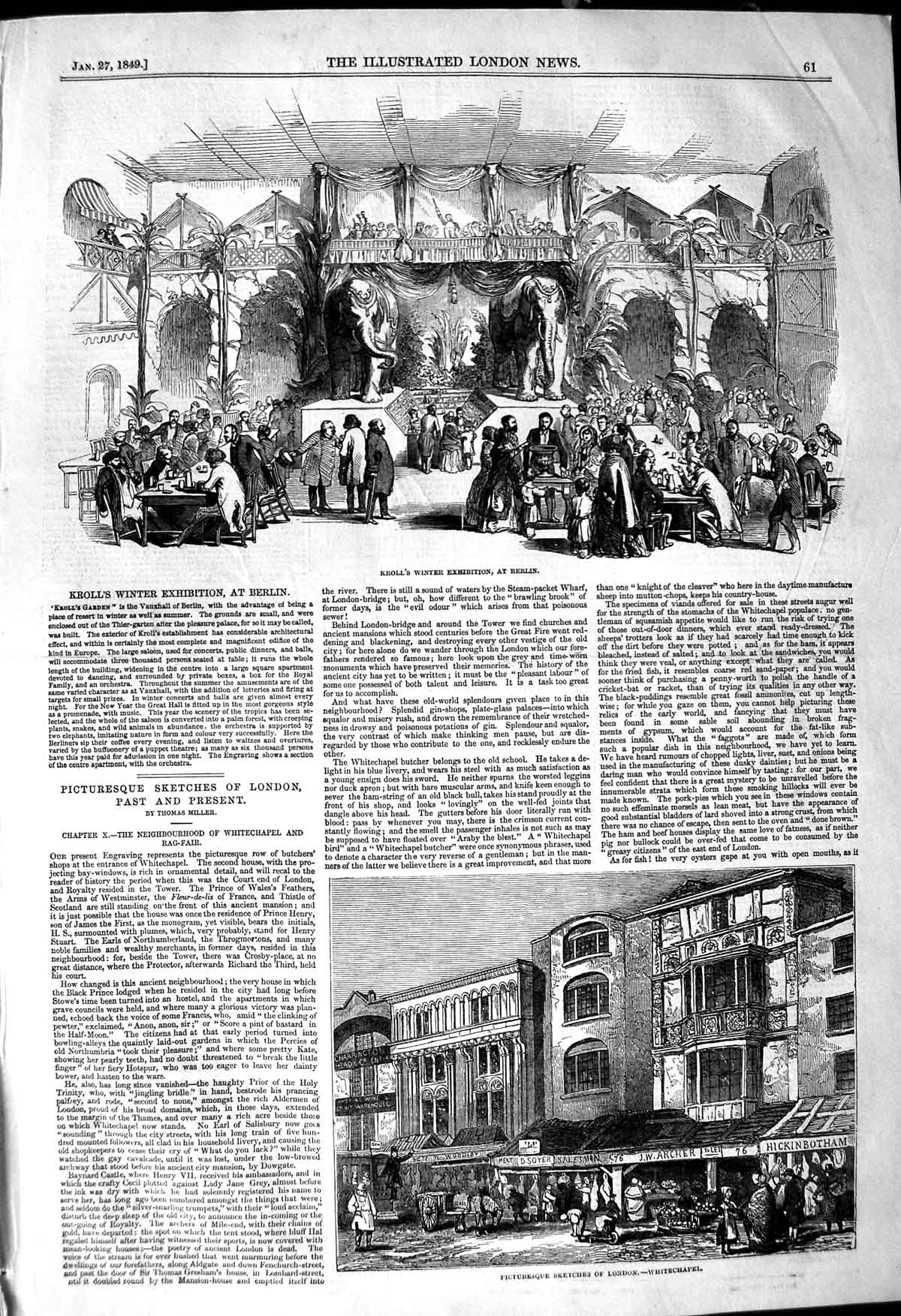 Old Antique Print 1849 Kroll Winter Exhibition Berlin London Whitechapel 19th