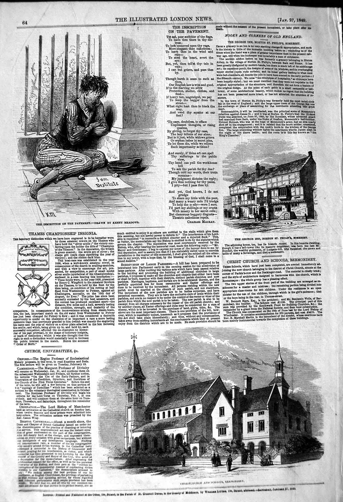 Original Old Antique Print 1849 Christchurch Schools Bermondsey George Inn 19th