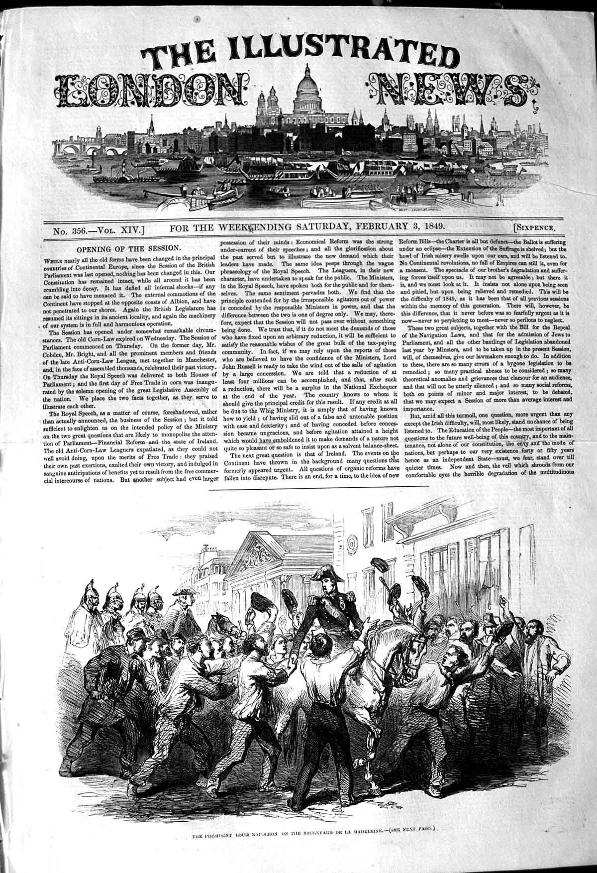 Original Old Antique Print 1849 President Louis Napoleon Boulevard Madeleine