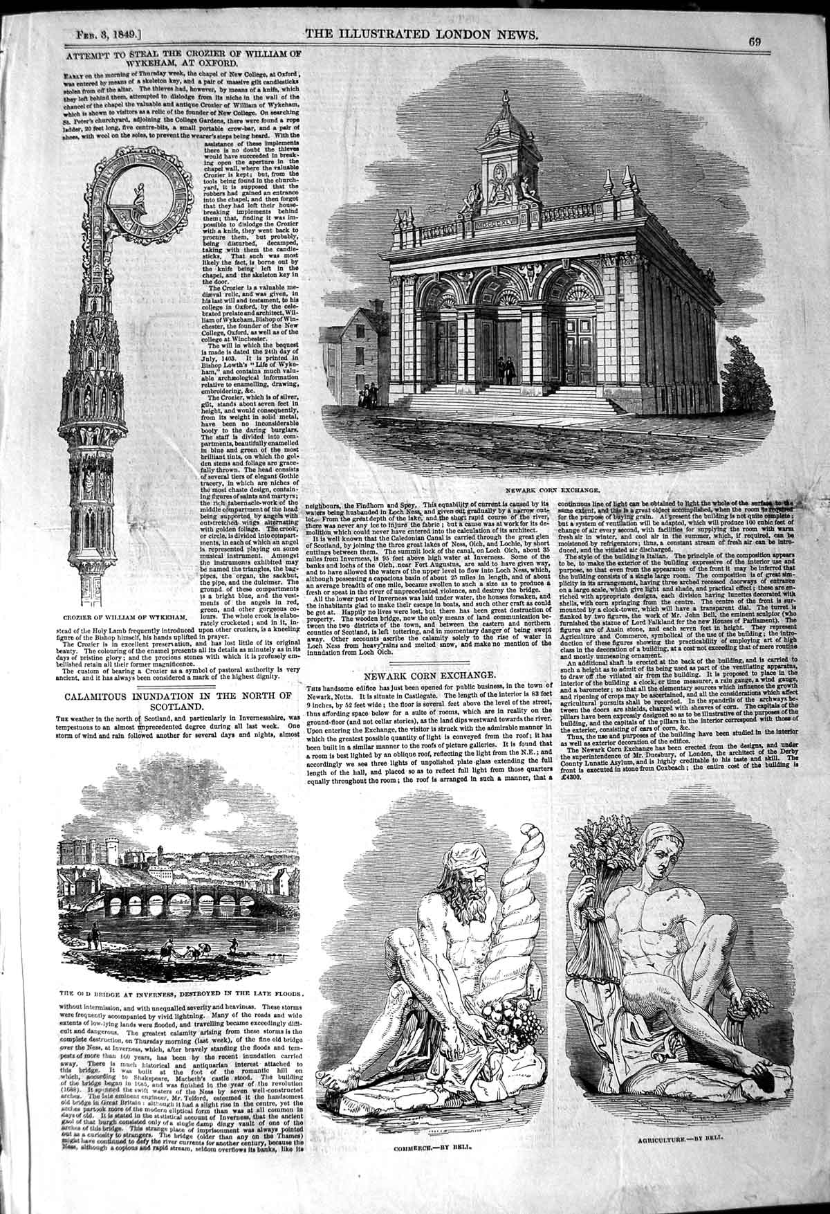 Original Old Antique Print 1849 Newark Corn Exchange Inverness Bridge Crozier
