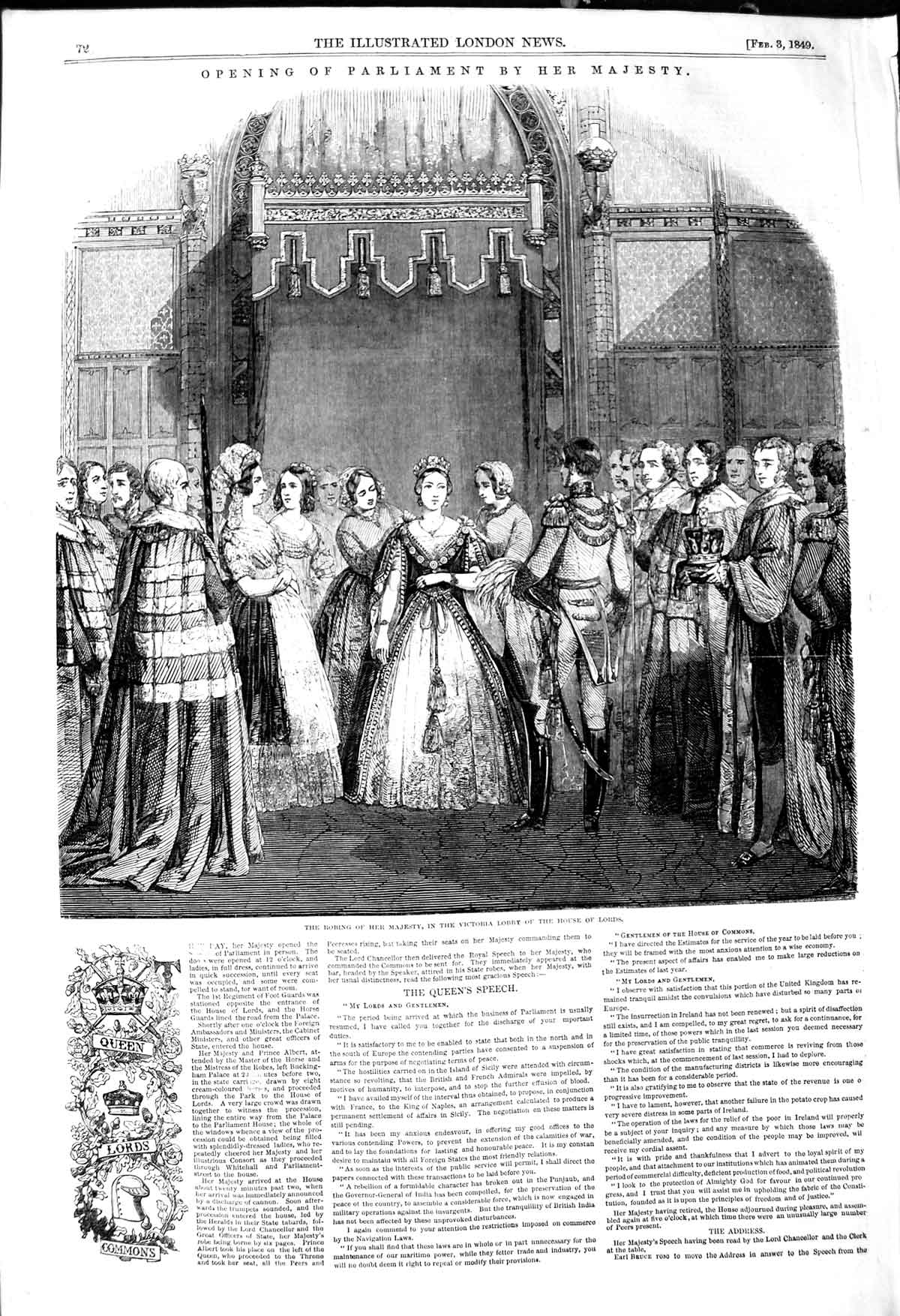 Original Old Antique Print 1849 Queen Opening Parliament House Lords Chancellor