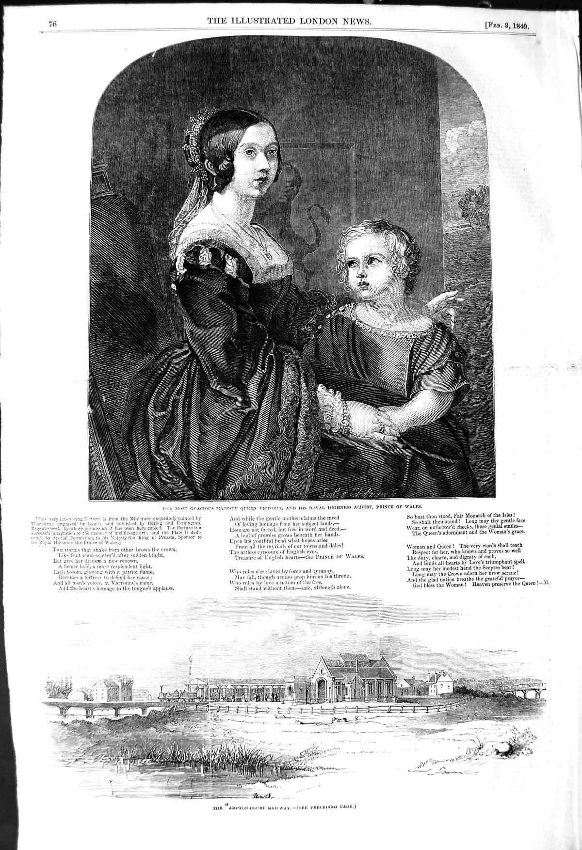 Old Antique Print 1849 Queen Victoria Prince Albert Hampton Court Railway 19th