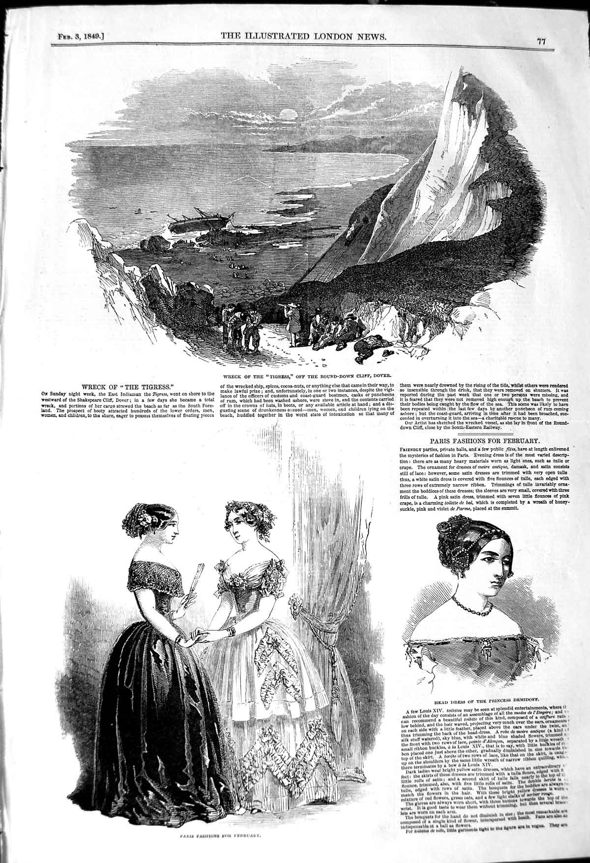Original Old Antique Print 1849 Ship Wreck Tigress Dover Paris Fashion Demidoff