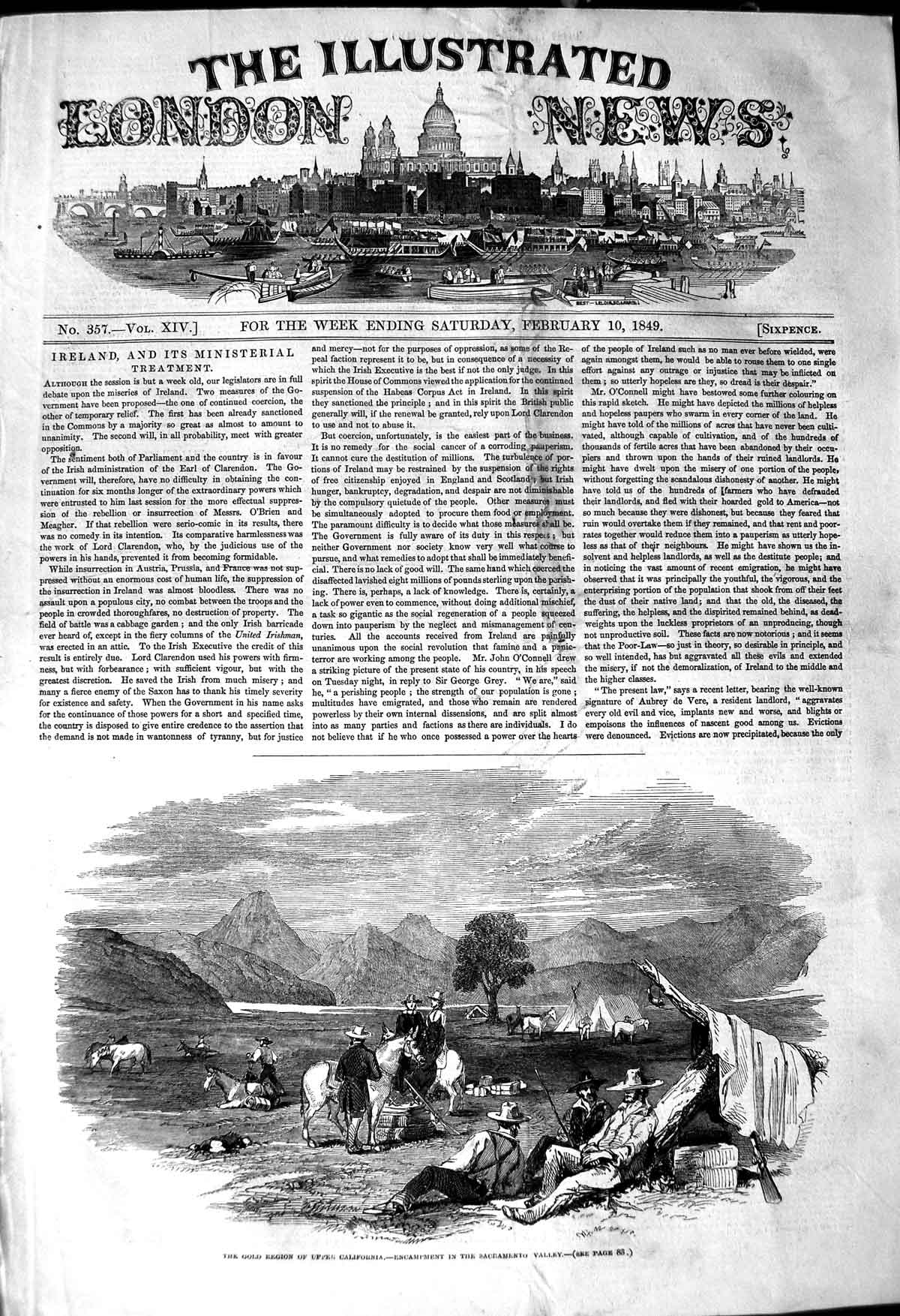 Original Old Antique Print 1849 GMining Region California Sacramento Victorian