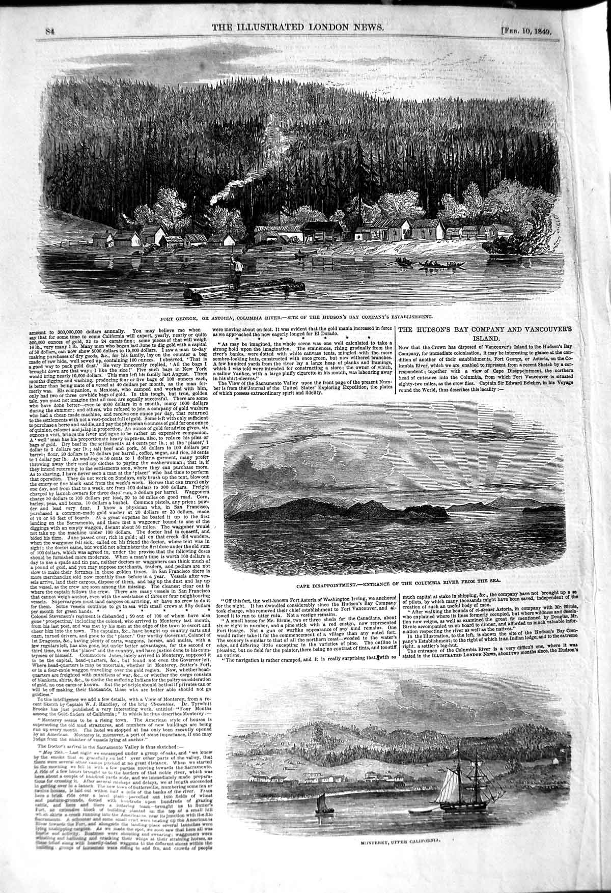 Original Old Antique Print 1849 Monterey California Columbia River Fort George