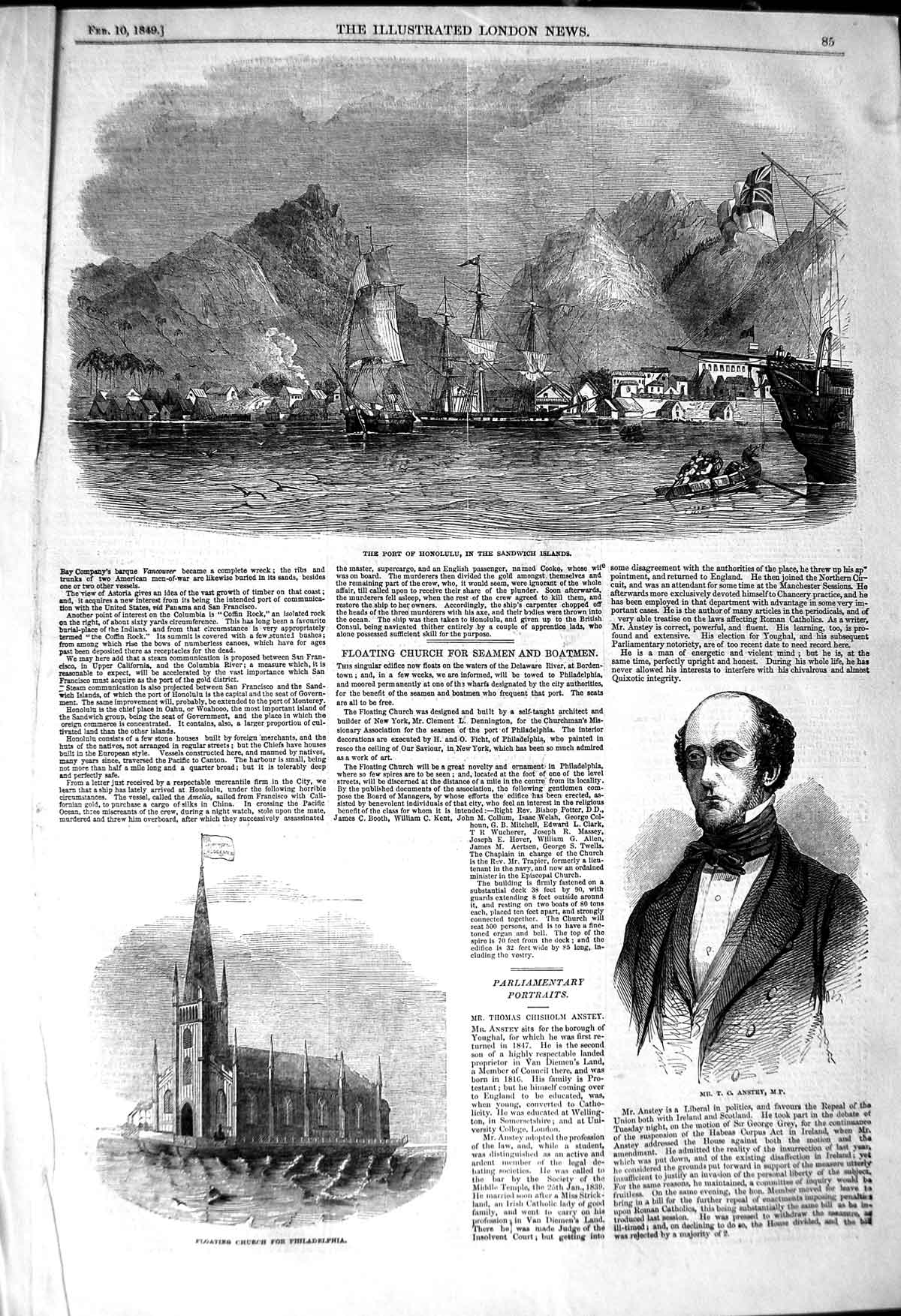 Old Antique Print 1849 Port Honolulu Sandwich Church Philadelphia Anstey 19th