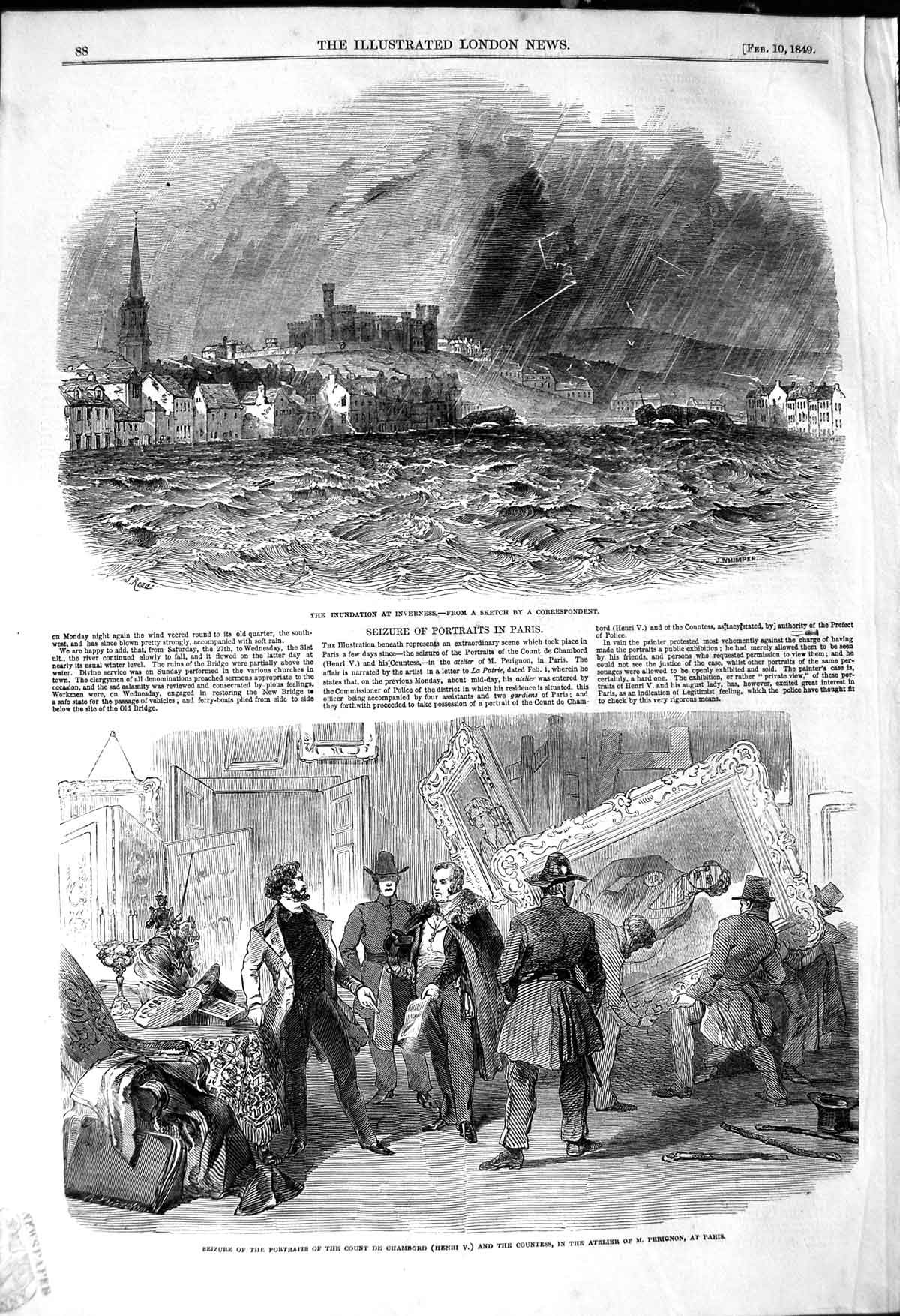 Antique Old Print *3166 1849 Floods Inverness Scotland Count Chambord Paris