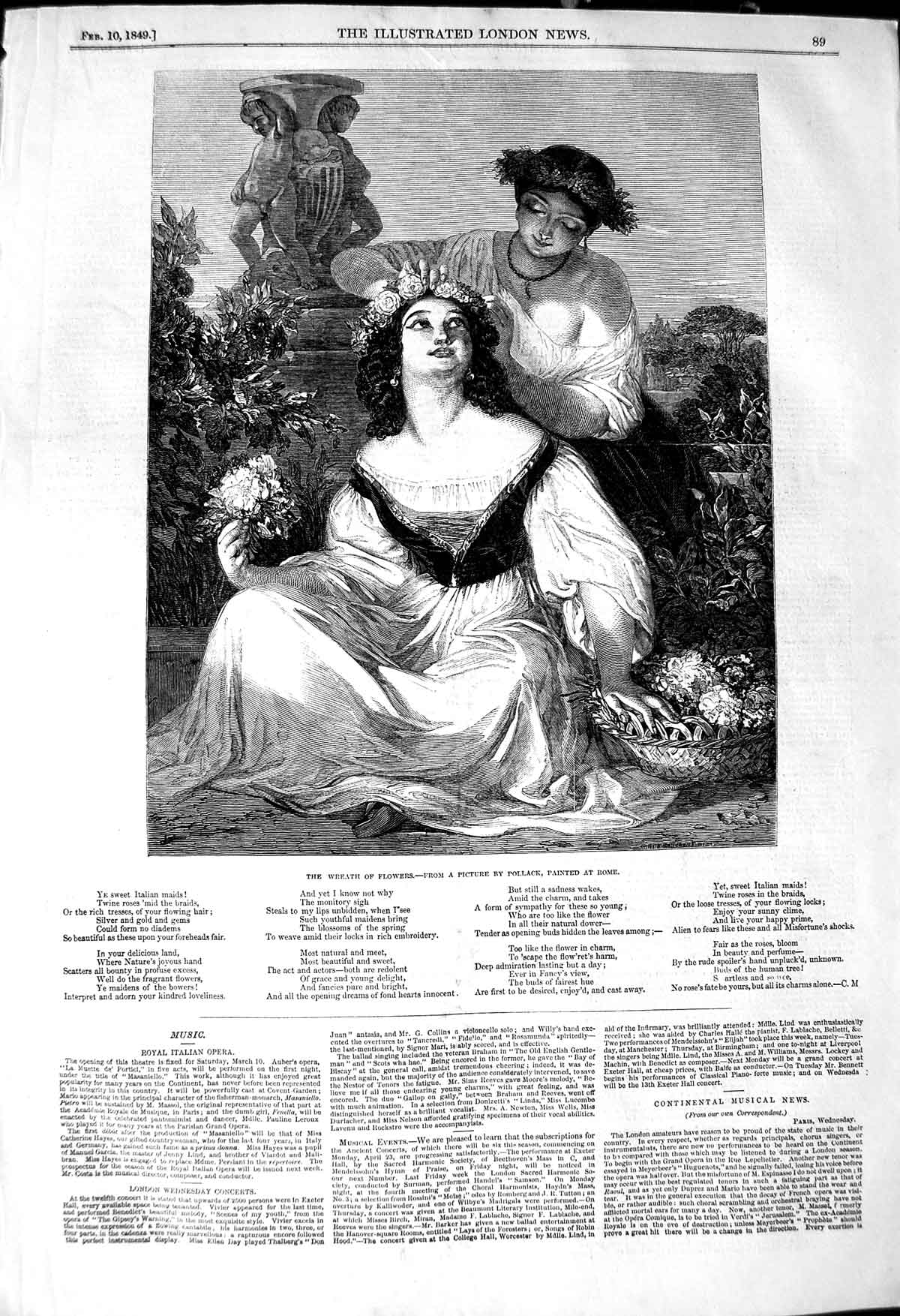 Original Old Antique Print 1849 Wreath Flowers Ladies Garden Pollack Fine Art