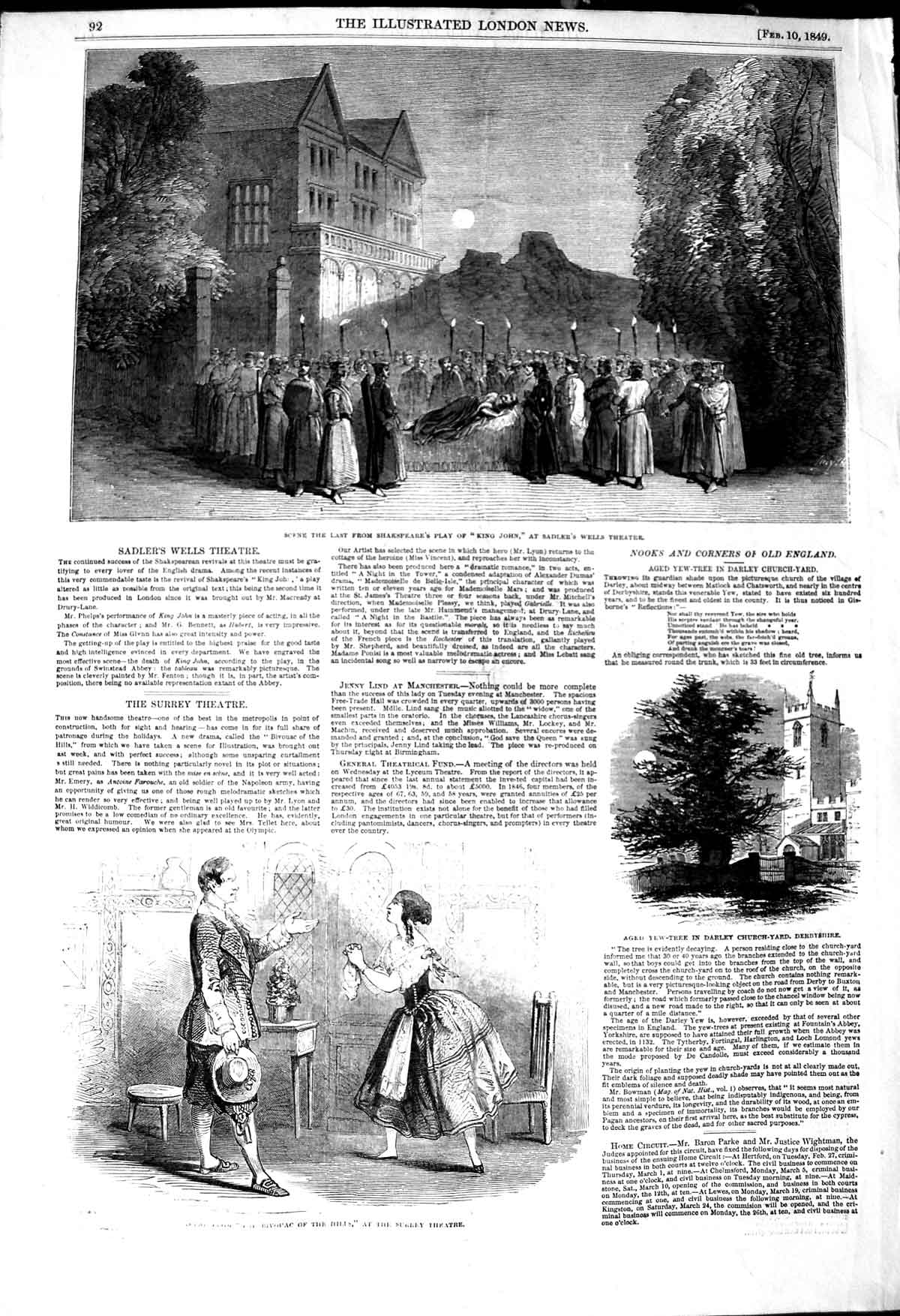 Original Old Antique Print 1849 Sadler'S Wells Theatre Surrey Yew-Tree Darley