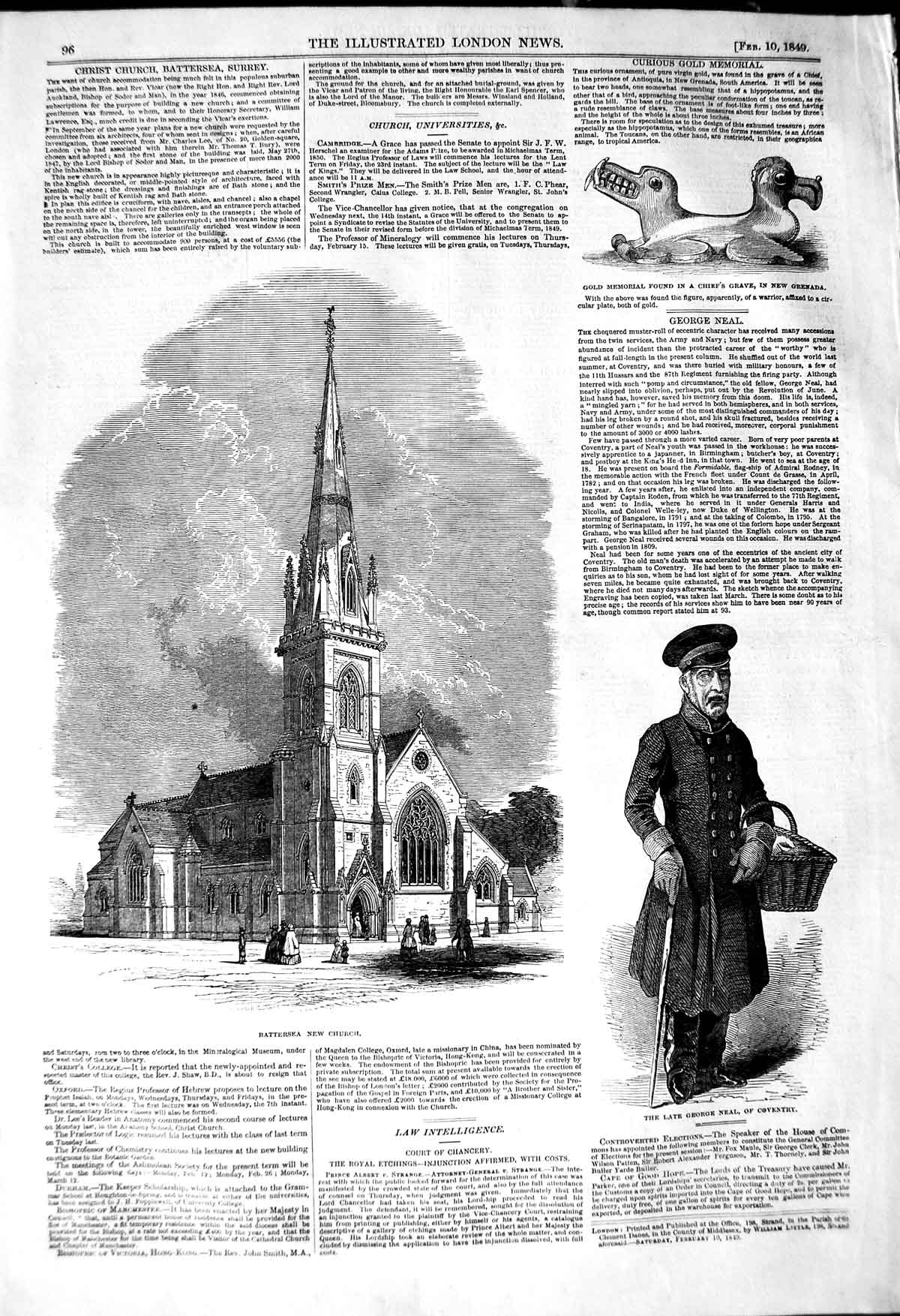 Original Old Antique Print 1849 Battersea Church George Neal Coventry Army Man