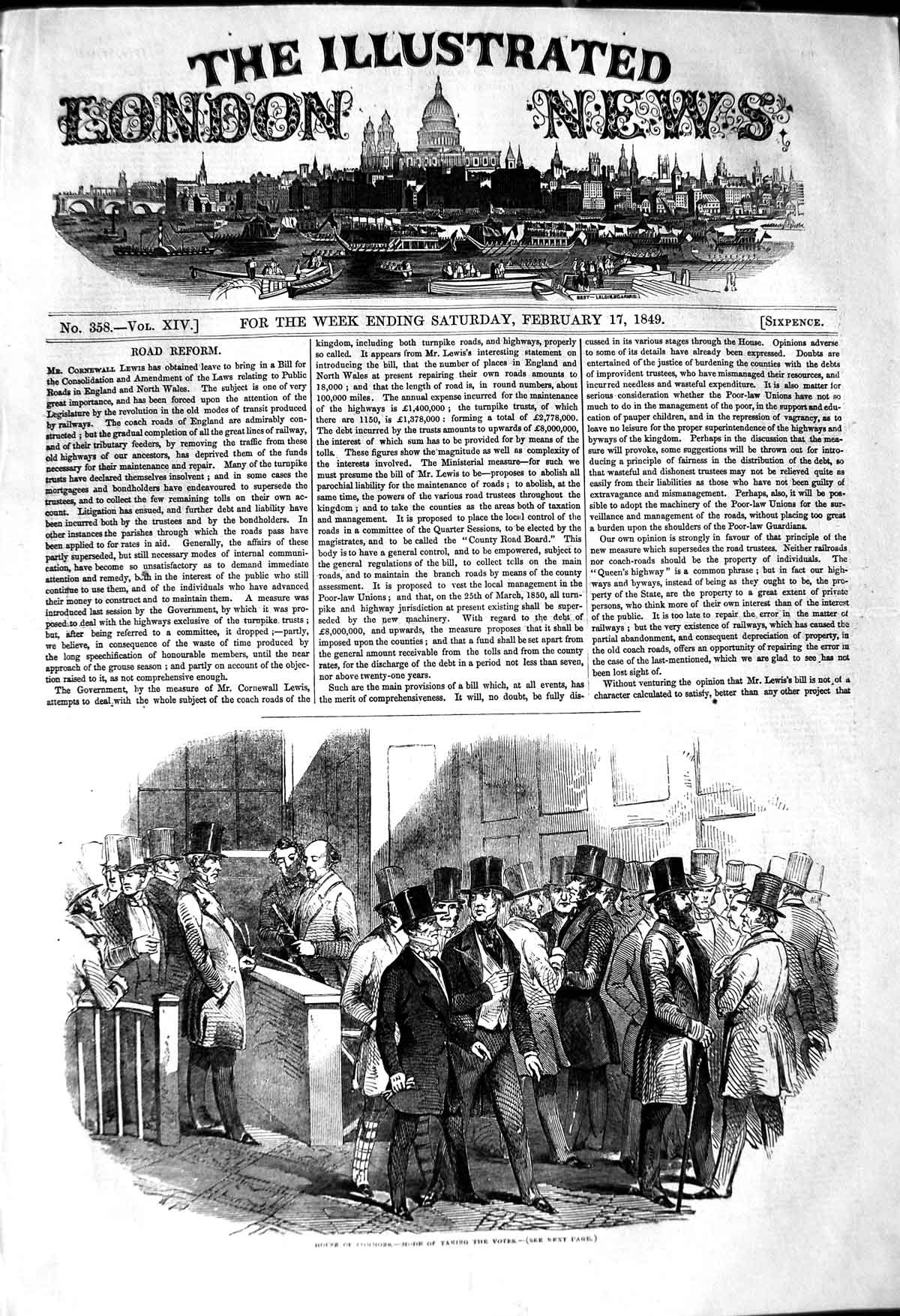 Original Old Antique Print 1849 House Commons Voting Parliament Men Victorian