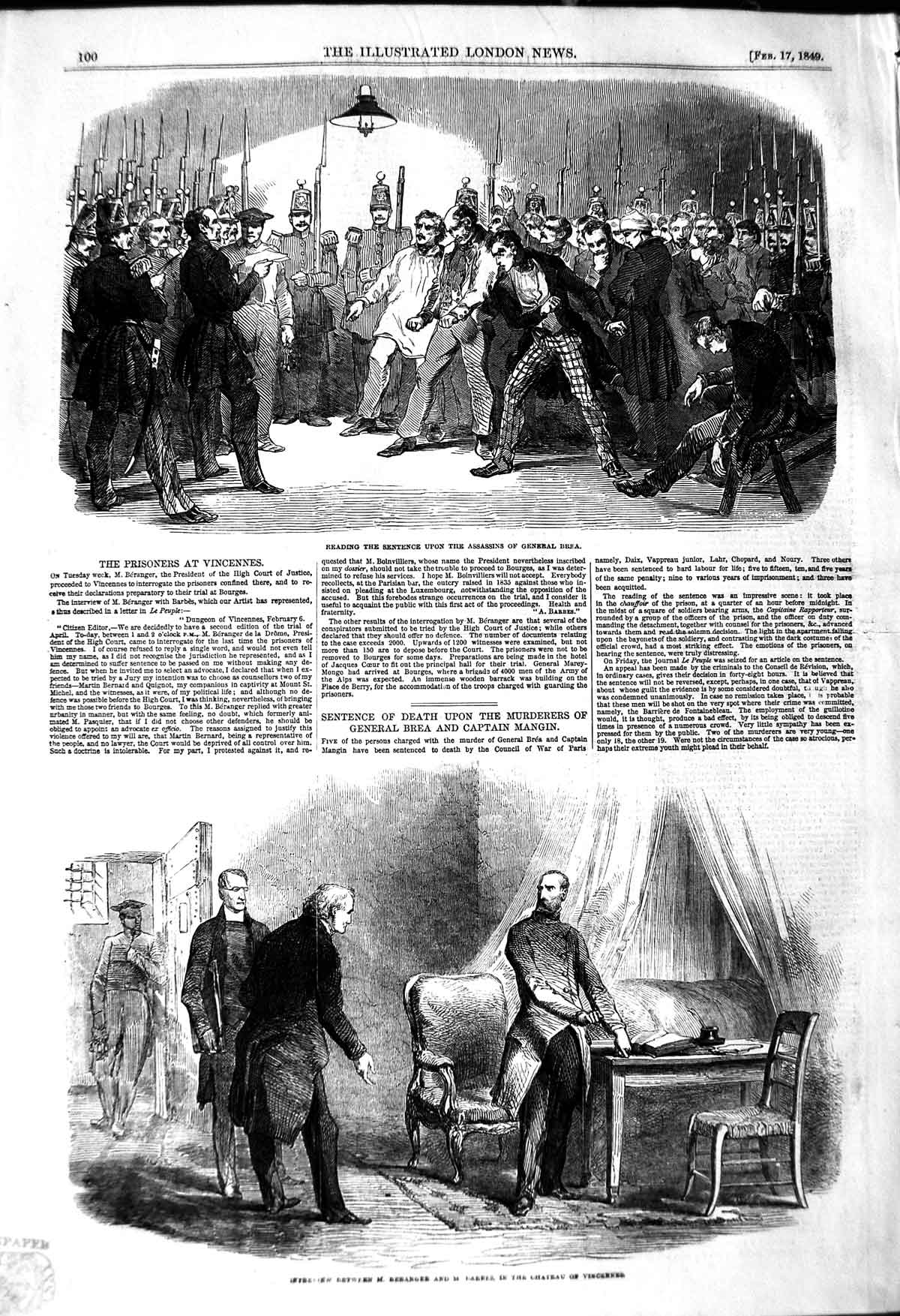 Original Old Antique Print 1849 Beranger Barbes Vincennes Assassins Gener 19th