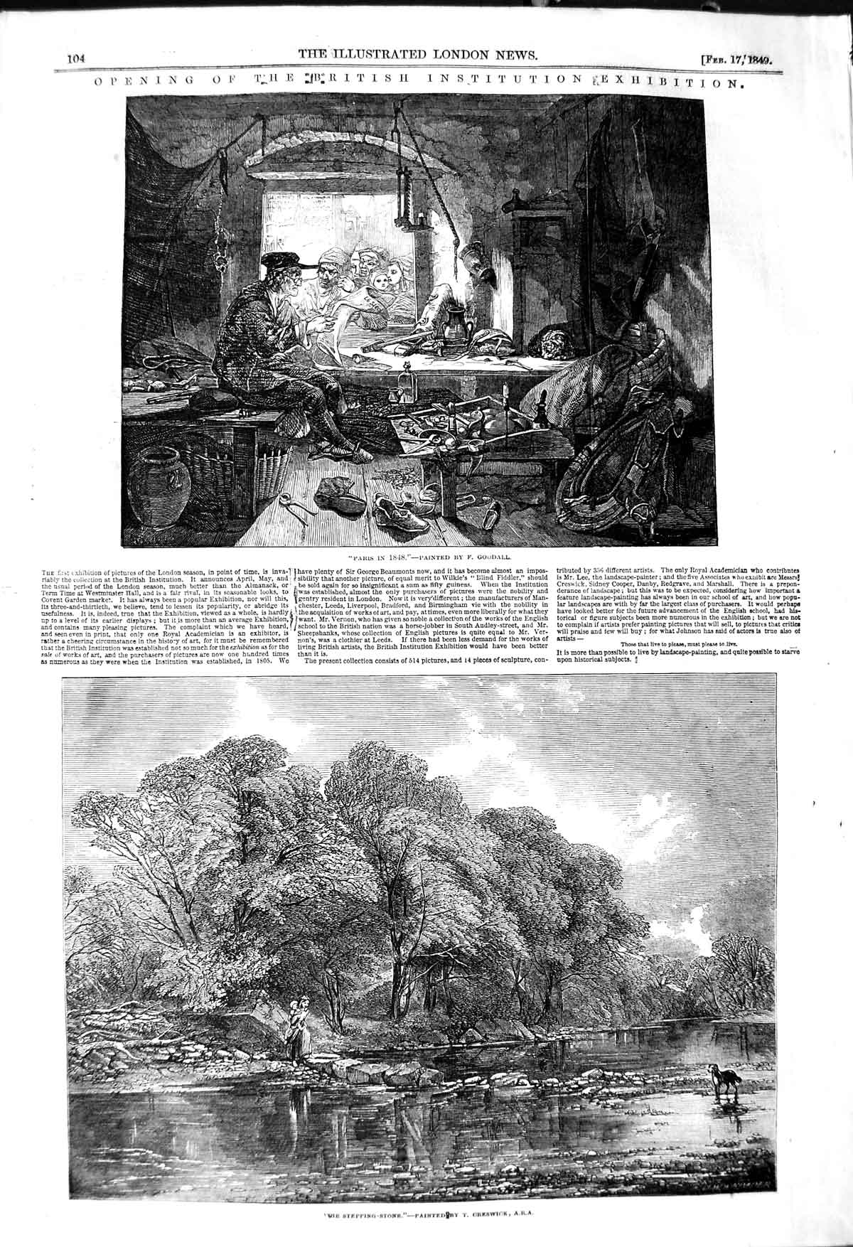 Original Old Antique Print 1849 Stepping-Stone River Trees Creswick Art Paris
