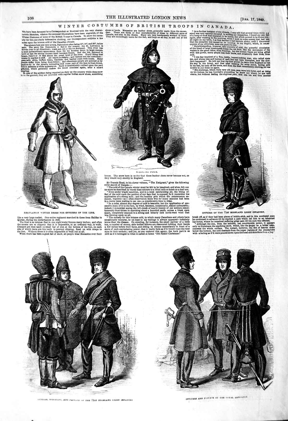 Original Old Antique Print 1849 Winter Costumes British Officers Troops Can 19th