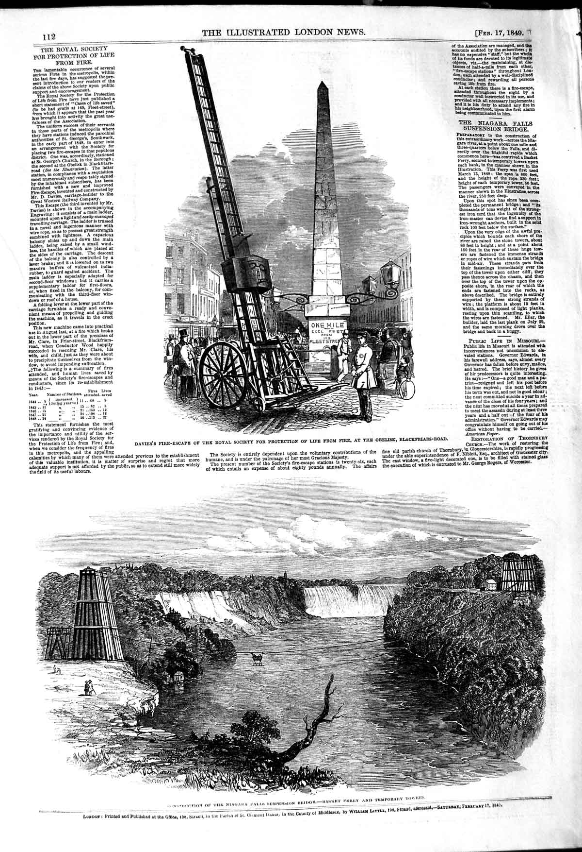 Original Old Antique Print 1849 Davie'S Fire-Escape Niagara Suspension Bridge
