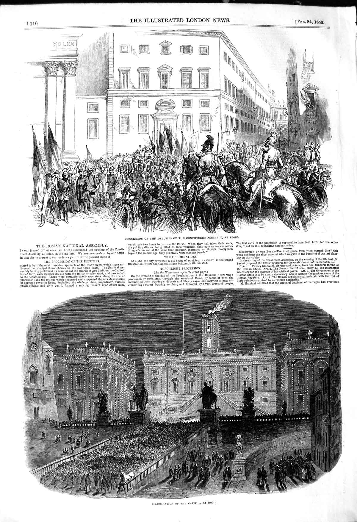 Original Old Antique Print 1849 Illuminations Capitol Rome Roman National A 19th