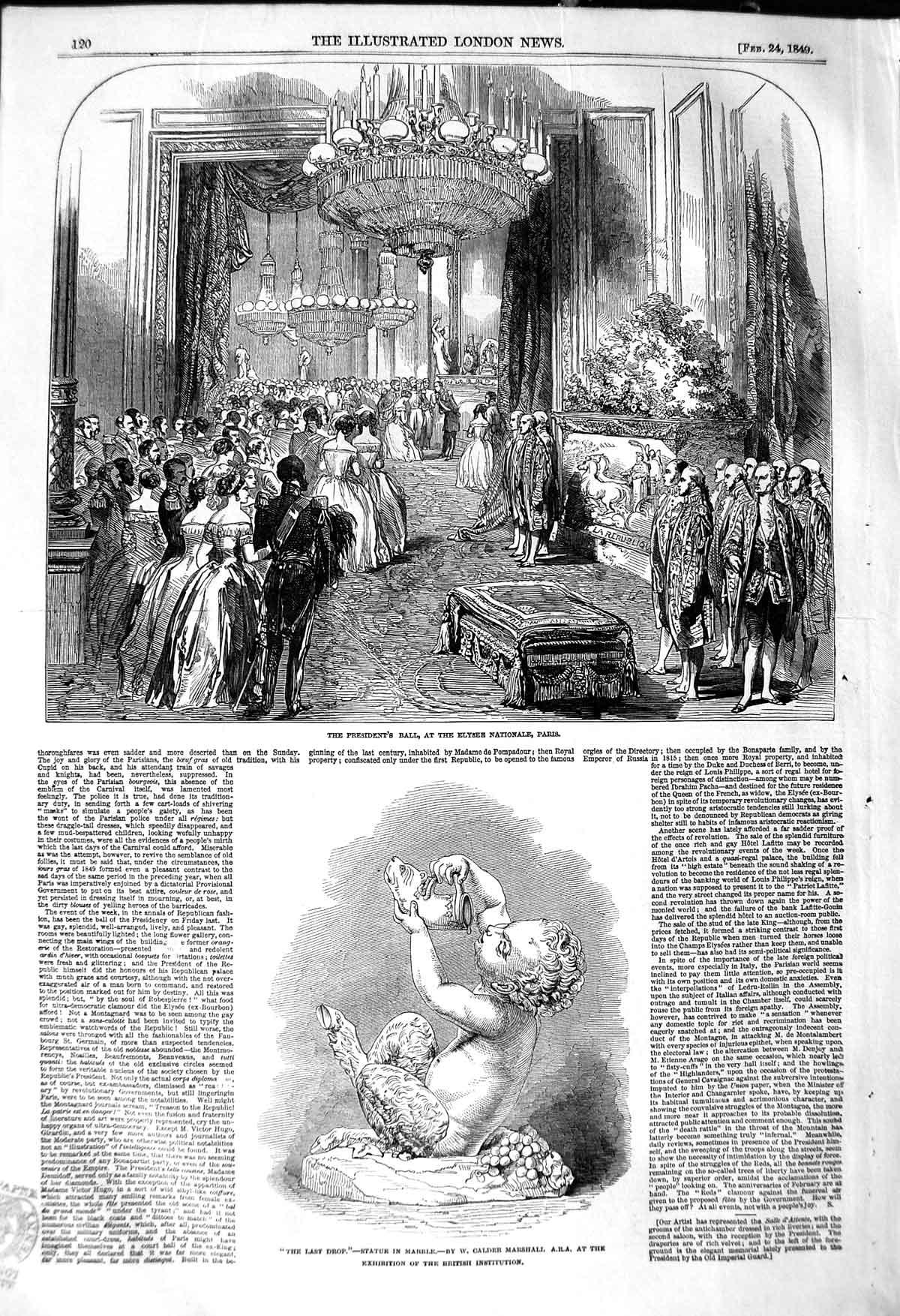 Old Antique Print 1849 Marble Statue President'S Elysee Nationale Paris 19th