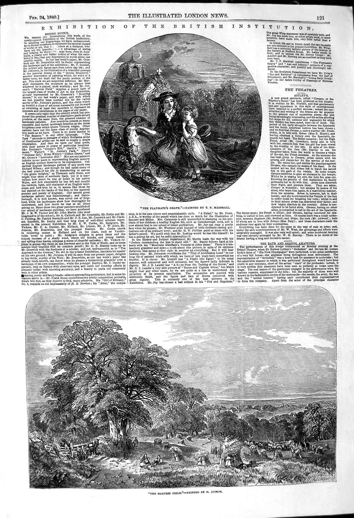 Original Old Antique Print 1849 Harvest Field Jutsum Grave Cemetery Marshall