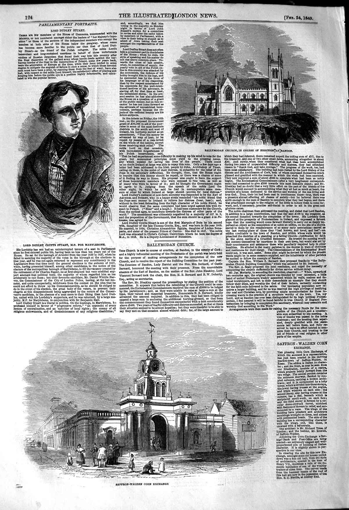 Original Old Antique Print 1849 Lord Coutts Stuart Saffron-Walden Church Bandon