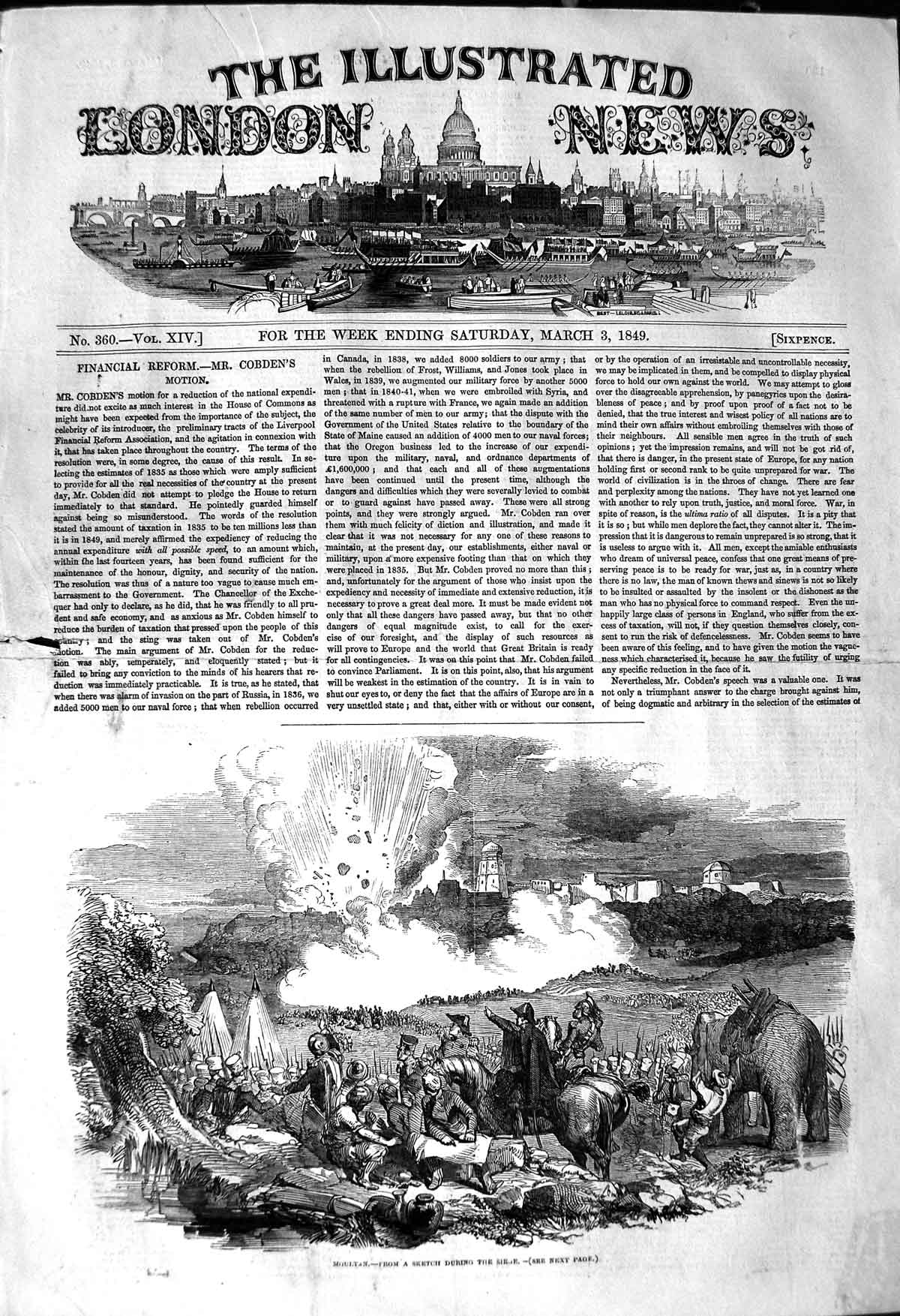 Original Old Antique Print 1849 Scene Siege Moultan War Siers Explosion 19th