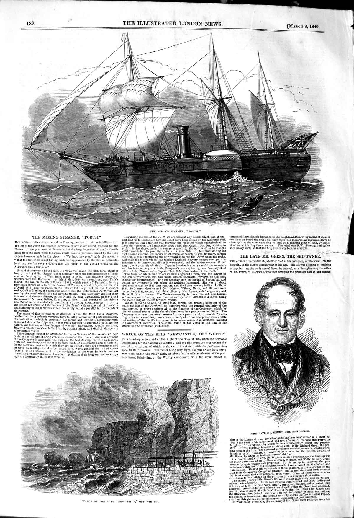 Original Old Antique Print 1849 Ship Steamer Forth Green Wreck Newcastle Whitby