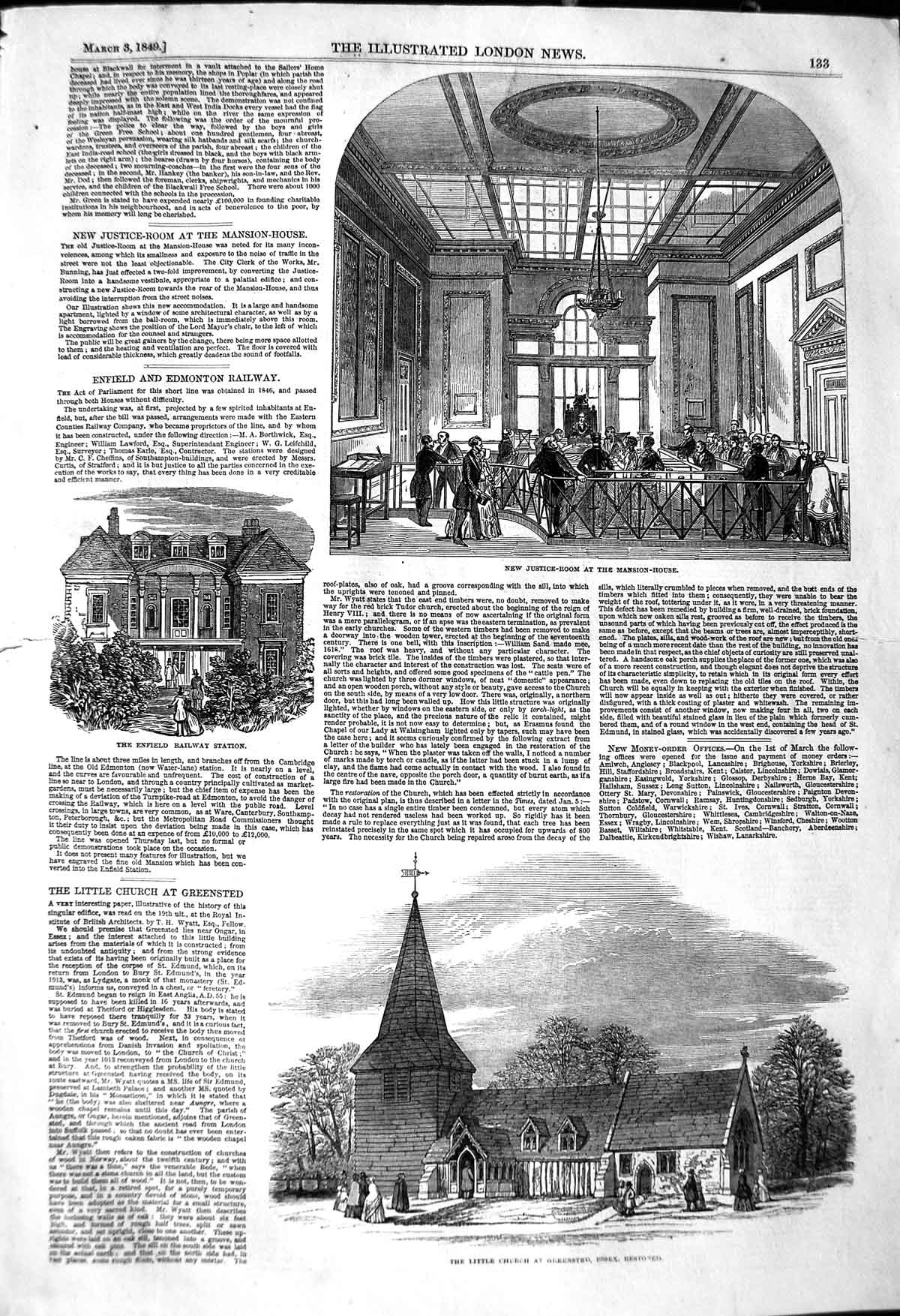 Old Antique Print 1849 Justice Mansion House Enfield Railway Church Essex 19th