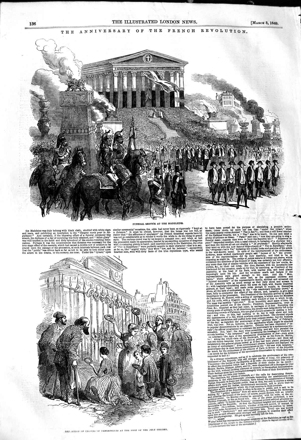 Old Antique Print 1849 Funeral Service Madeleine French Revolution Crowns 19th