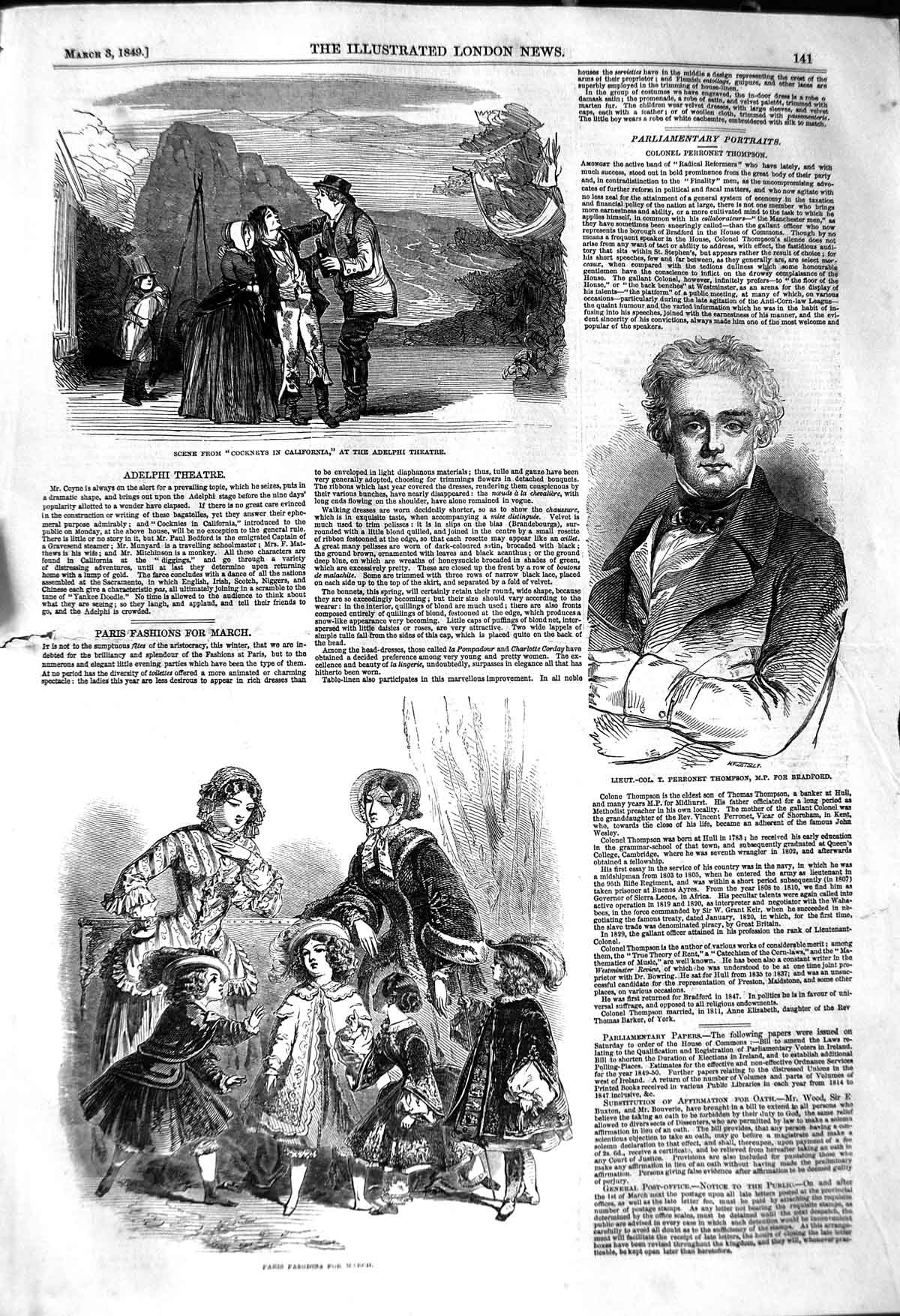 Original Old Antique Print 1849 Adelphi Theatre Perronet Thompson Paris 19th