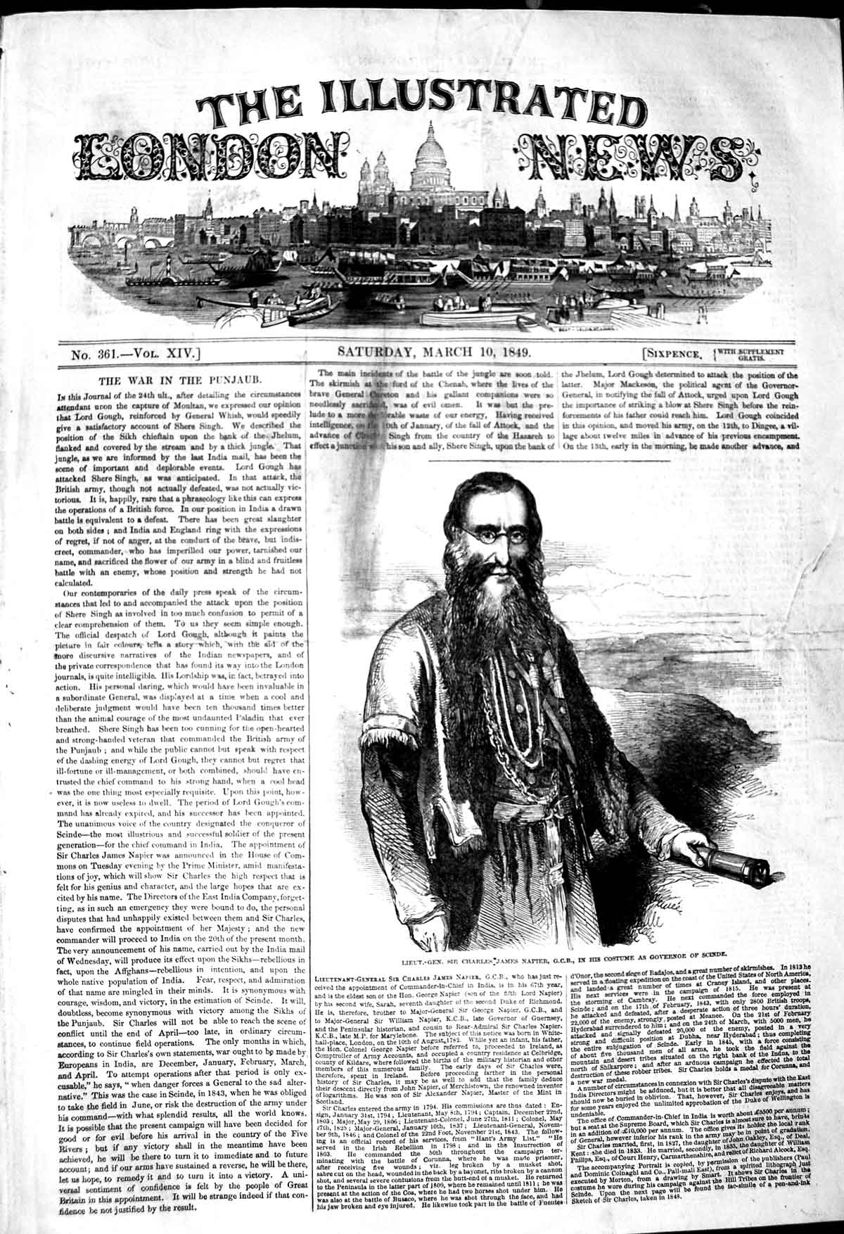 Original Old Antique Print 1849 Lieutenant-General Charles Napier Governor 19th