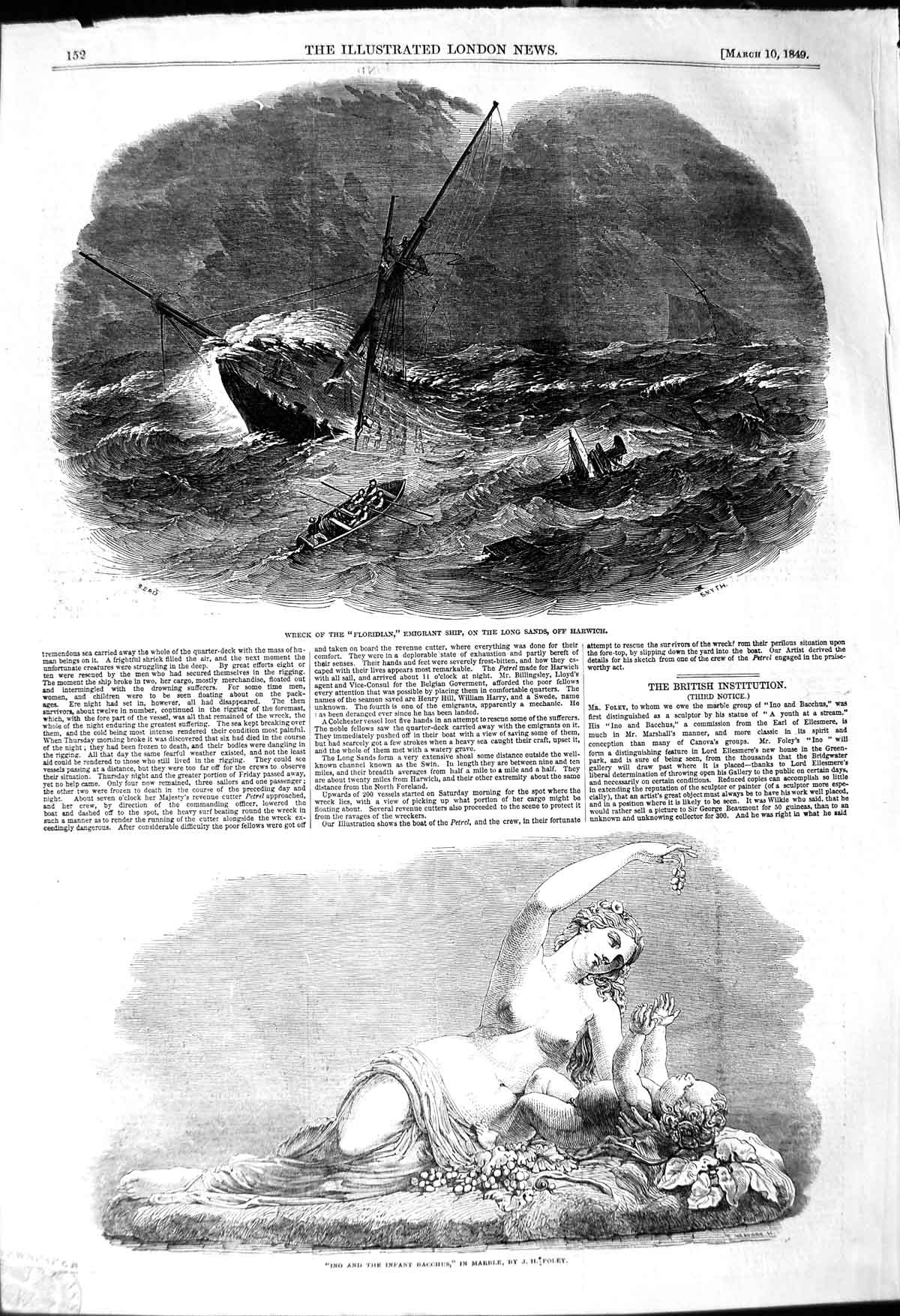 Old Antique Print 1849 Ship Wreck Floridian Emigrant Harwich Bacchus Baby 19th