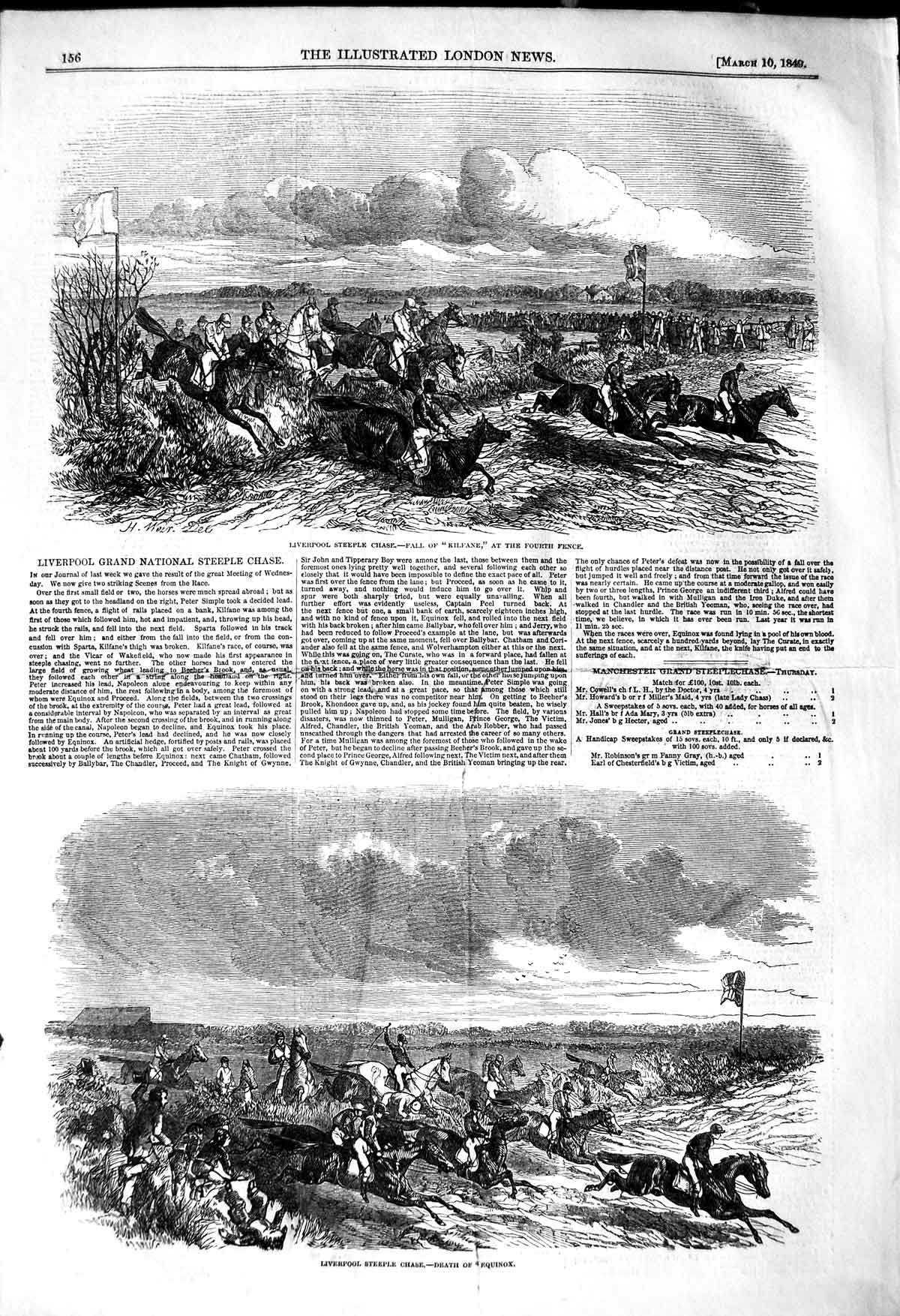 Original Old Antique Print 1849 Liverpool Steeple Chase Horse Racing Equinox