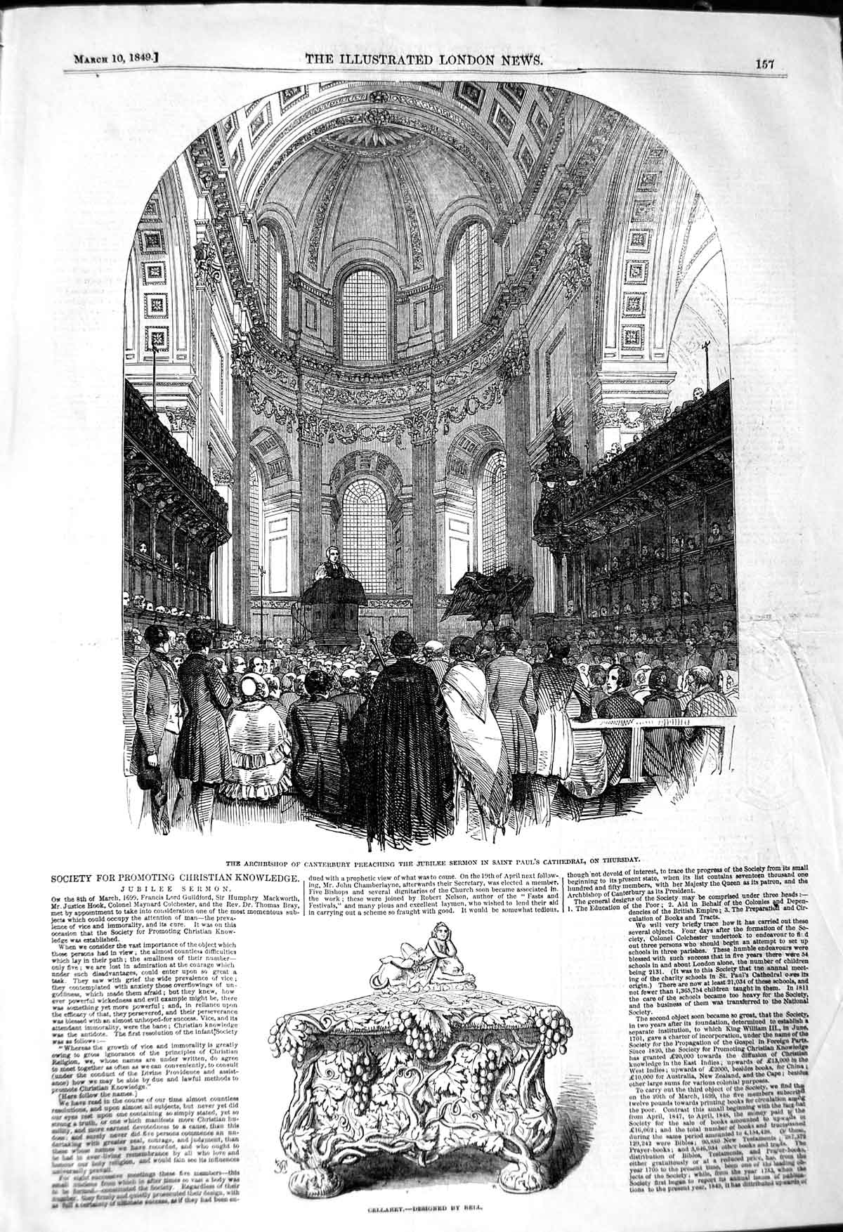 Original Old Antique Print 1849 Archbishop Canterbury Paul'S Cathedral Cellaret